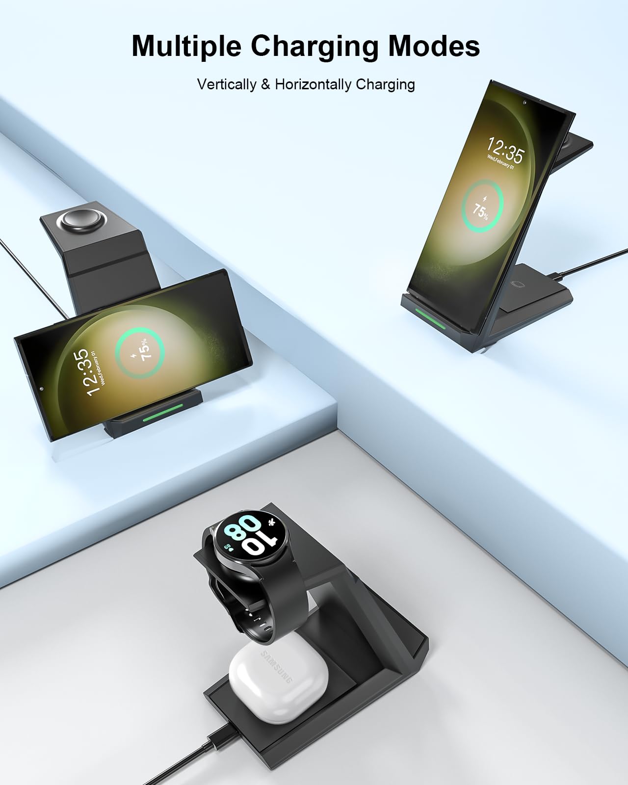 NANAMI 3-in-1 Wireless Charging Station for Samsung Galaxy S25 Ultra/S24/S23/Z Fold/Flip 5, Fast Qi-Certified Charger Stand for Phone, Galaxy Buds & Watch 7/6 - Perfect for Bedside, Office & Travel Use