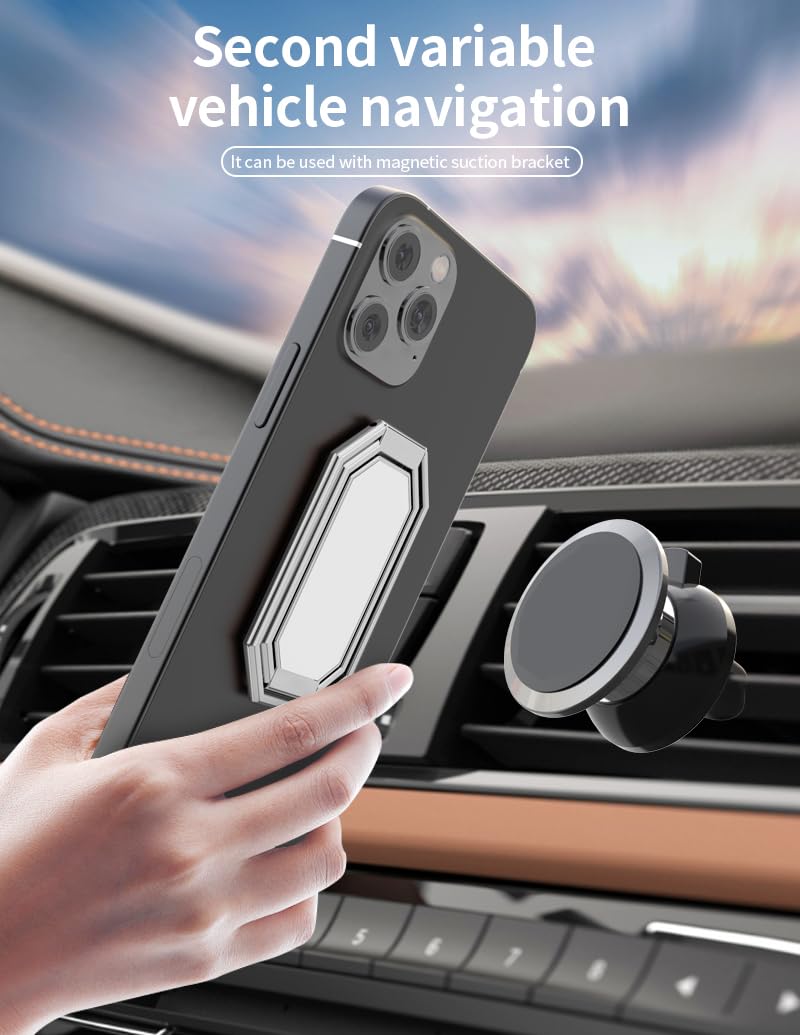 360° Rotating Metal Phone Ring Holder - Foldable Kickstand & Magnetic Car Mount Compatible with iPhone, Samsung, iPad & Most Smartphones | Perfect for Hands-Free Viewing, Driving & Selfies