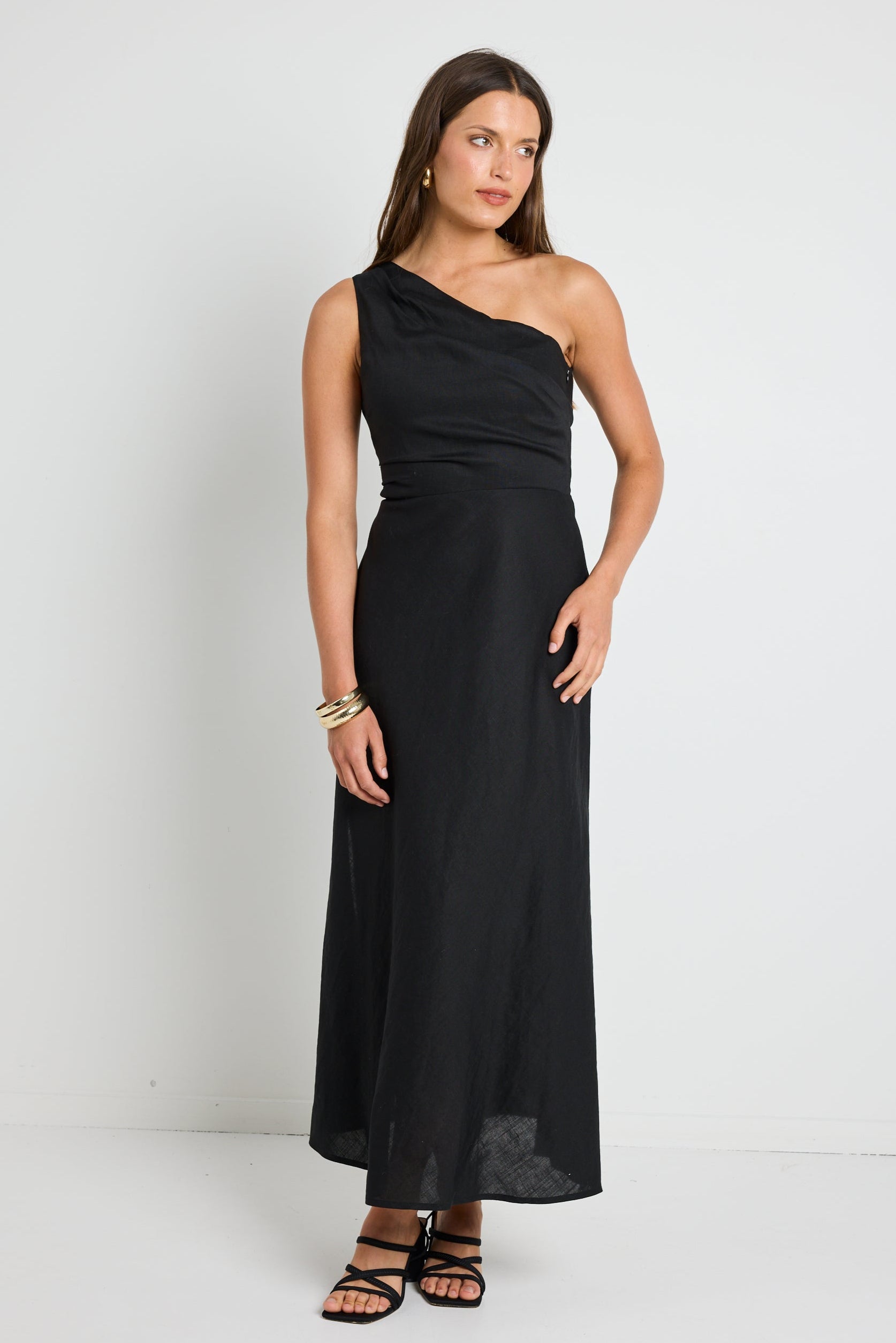 Flirt Black One Shoulder Tuck Midi Dress for Women - Elegant Cocktail Party & Date Night Outfit