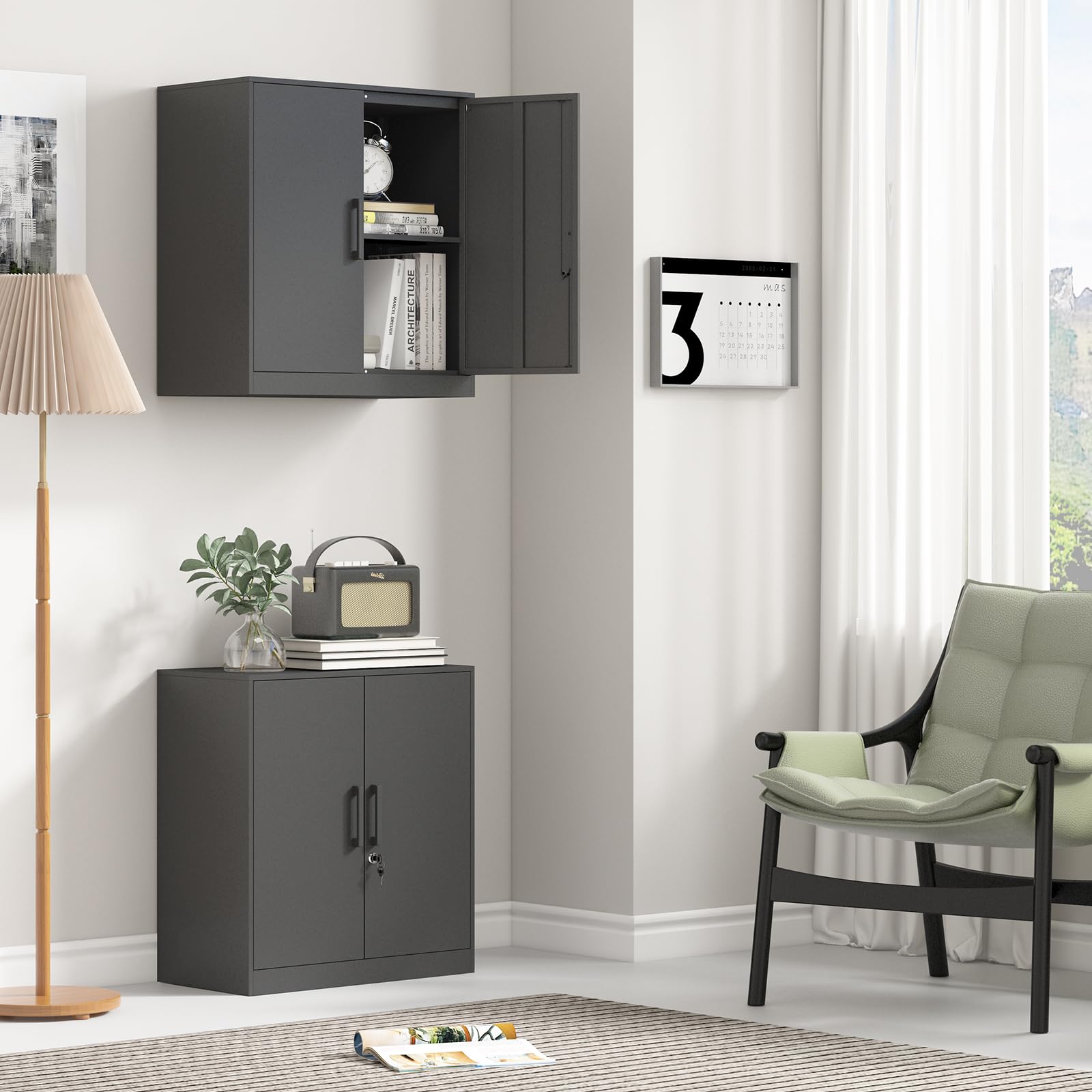 Black Metal Wall Cabinet with 2 Doors & Lock - Hanging Storage Cabinet with Shelves & Handle for Garage, Living Room, Kitchen, Office - Organize Tools, Supplies & Home Essentials