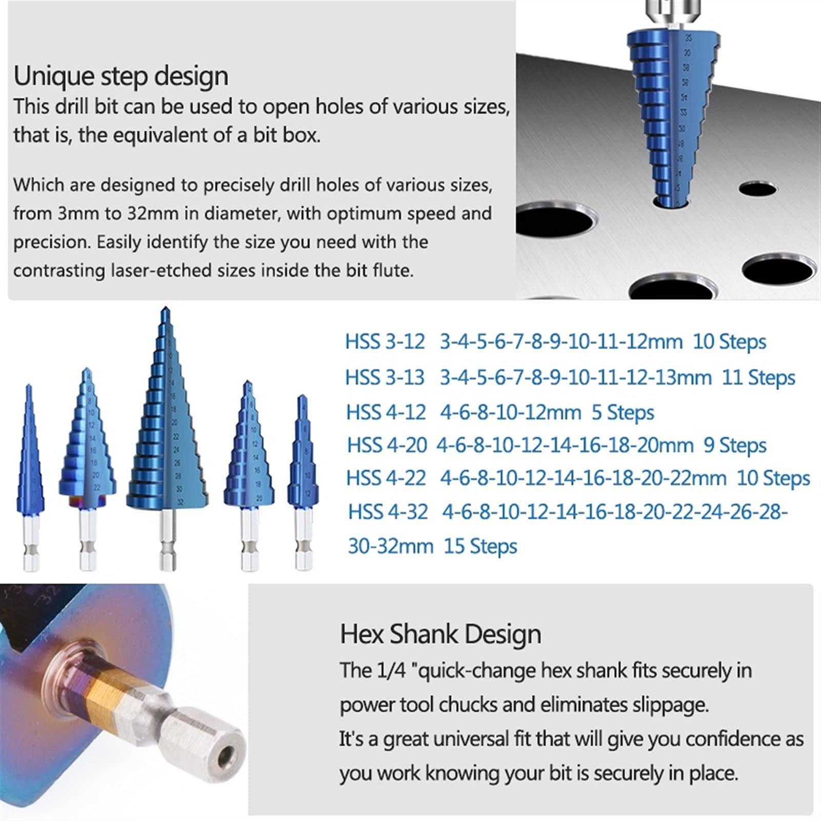 Step Cone Drill Bit Set 3-12/13mm & 4-12/20/22/32mm - Nano Blue Coated Hole Cutter for Wood & Metal - Power Tool Accessories for DIY, Construction and Home Improvement Projects