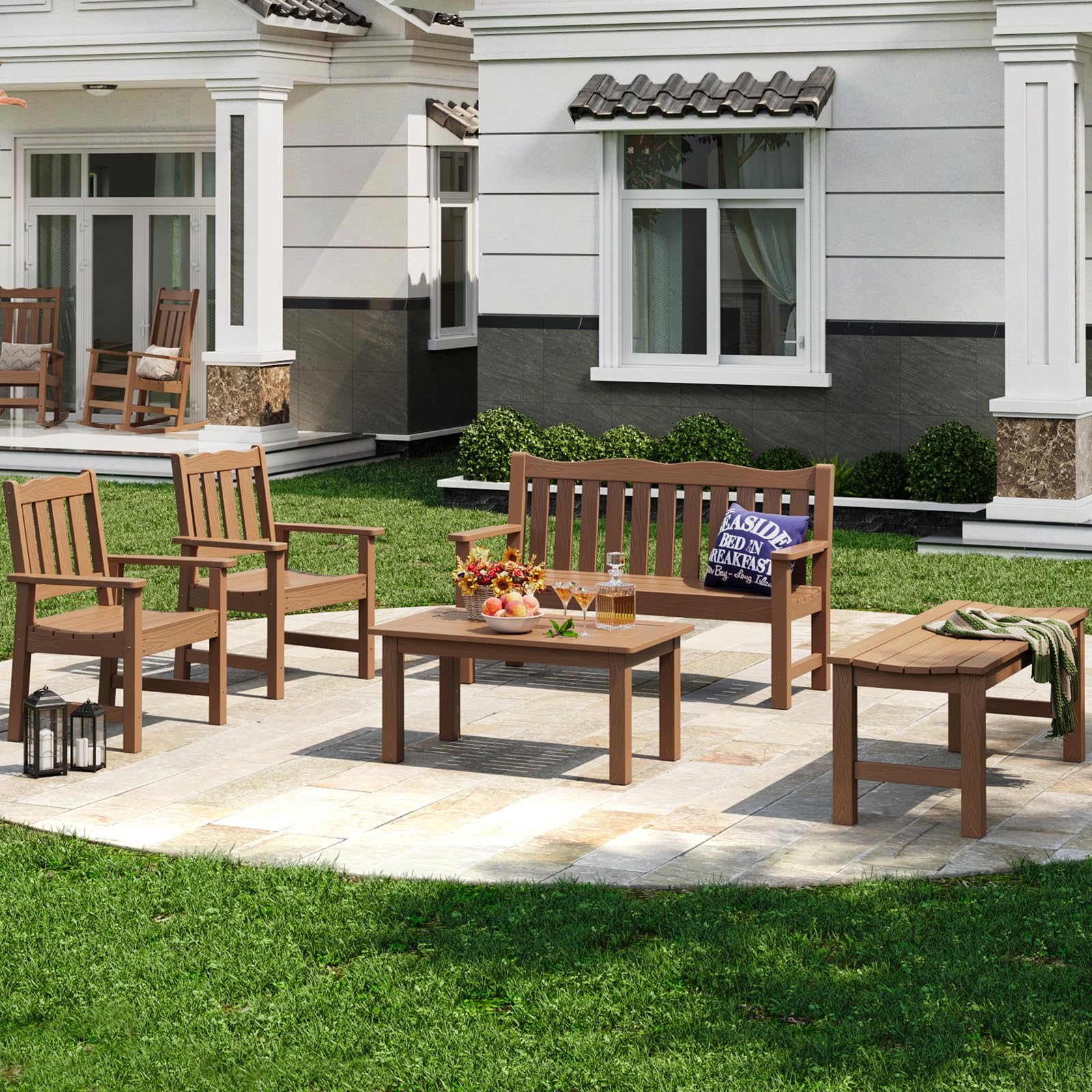 All-Weather Outdoor Coffee Table - Modern Rectangle Teak Patio End Table for Backyard, Porch, Garden, Pool & Deck | Durable HIPS Material | Perfect for Outdoor Entertaining & Relaxation