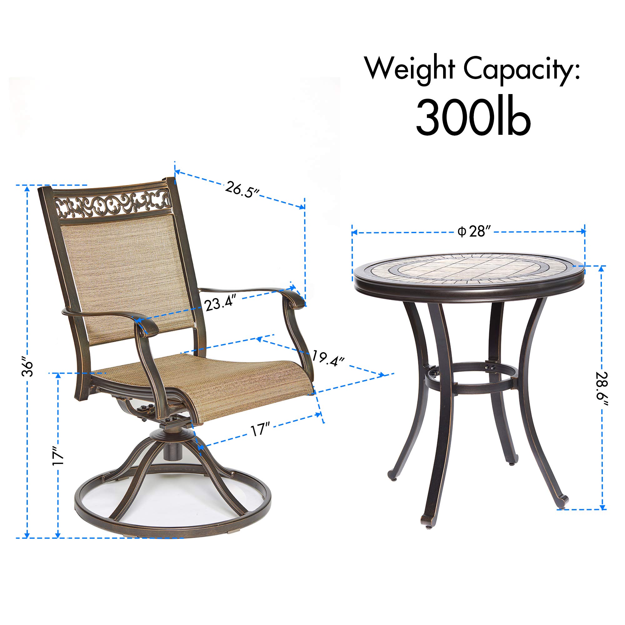 DALI 3-Piece Bistro Set with Swivel Rocker Chairs - Handmade Contemporary Round Table Outdoor Patio Furniture for Garden, Backyard, and Balcony Use
