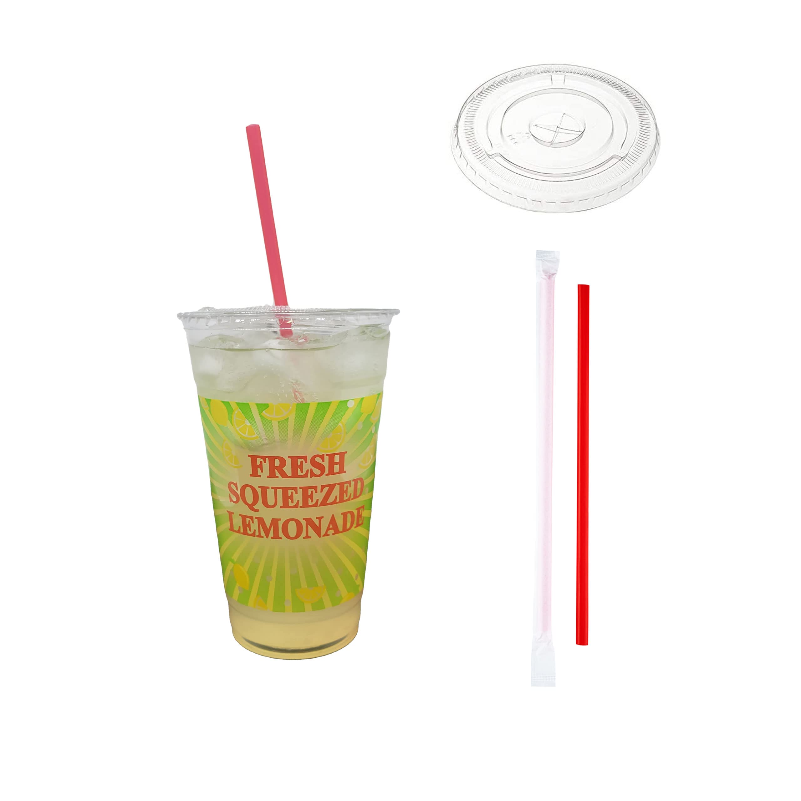 100 Pack 24oz Fresh Squeezed Lemonade Plastic PET Cups with Flat Lids & Red Straws - Perfect for Parties, Picnics, and Catering Events