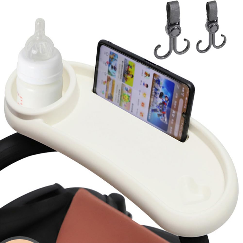 Universal Stroller Cup Holder with Phone & Snack Tray - 3-in-1 Stroller Accessory with 2 Hooks & Non-Slip Grip - Perfect for Coffee, Snacks & Phone While Walking (White)
