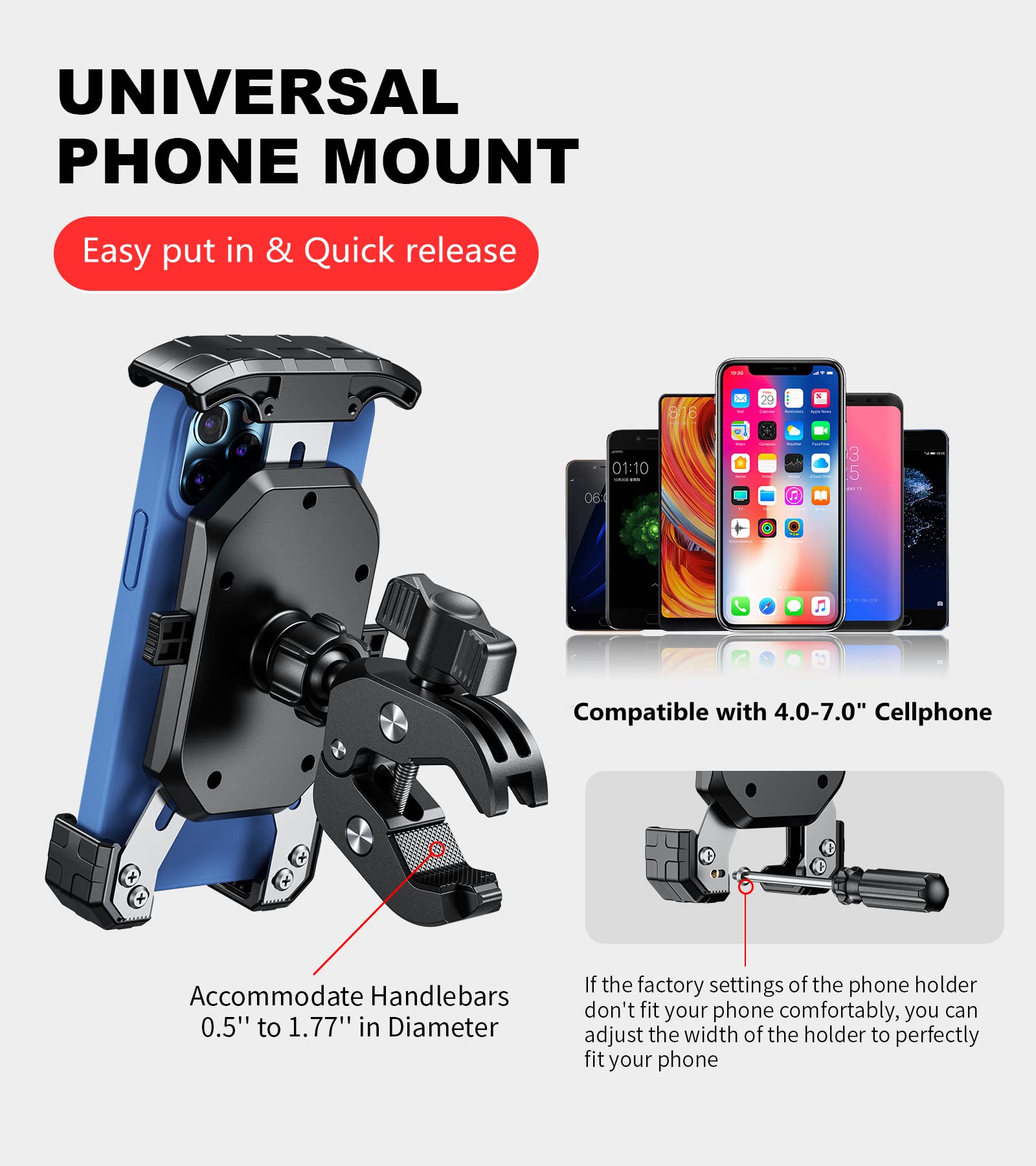 Kewig Universal Motorcycle Phone Mount - Quick Release Handlebar Clamp for iPhone 14 Plus/Pro Max, Galaxy S10 & 4.0-7.0