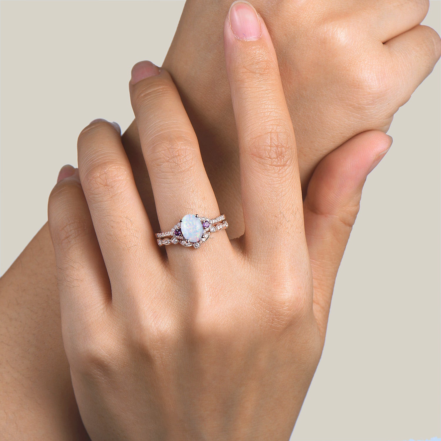 Oval Cut Opal & Amethyst Cluster Engagement Ring - Half Eternity Diamond Wedding Band Set for Brides | Perfect for Proposals, Anniversaries & Romantic Occasions