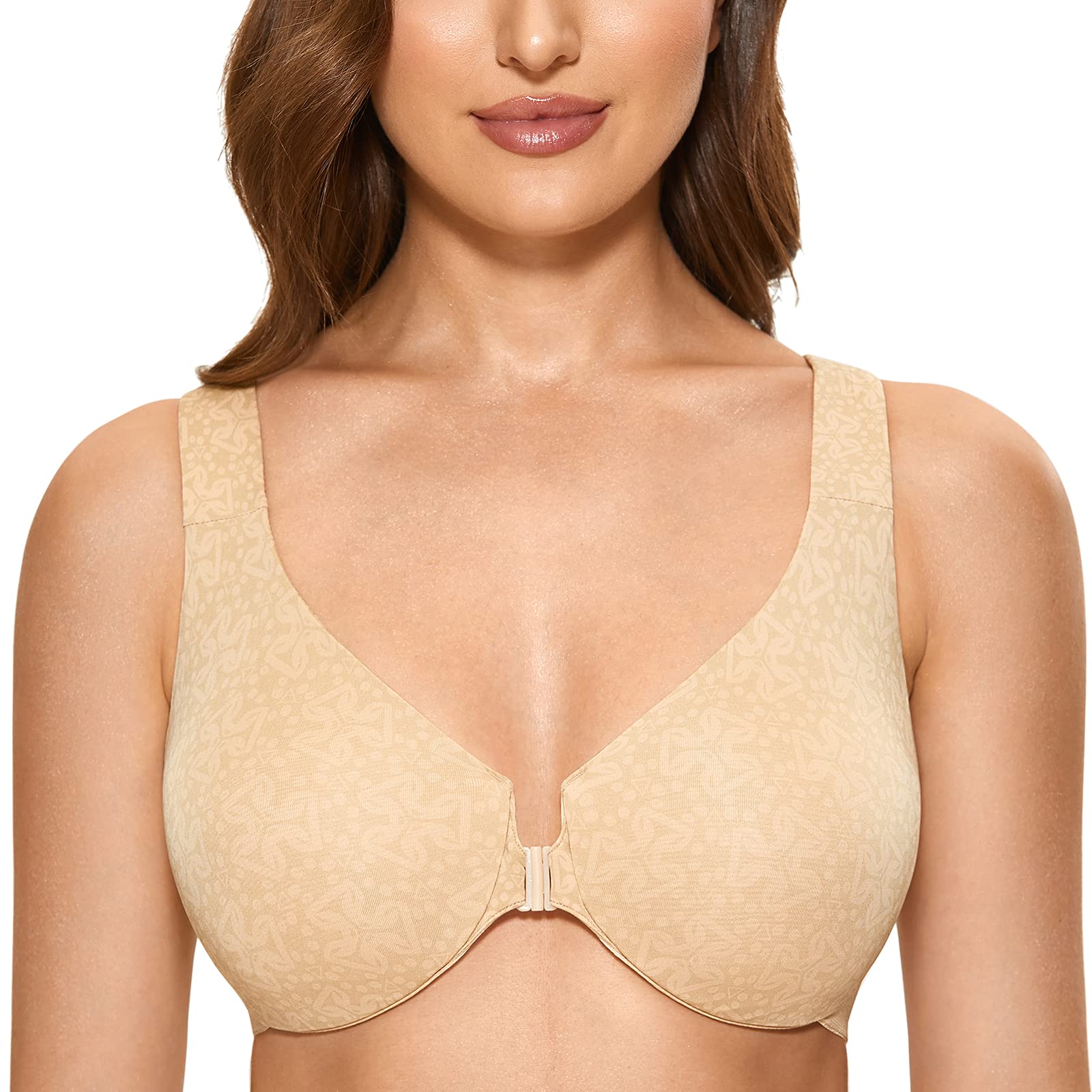 DELIMIRA Women's Front Closure Wireless Bra - Plus Size Full Coverage Racerback Plunge Bra for Comfort & Support - Perfect for Yoga, Workouts & Everyday Wear