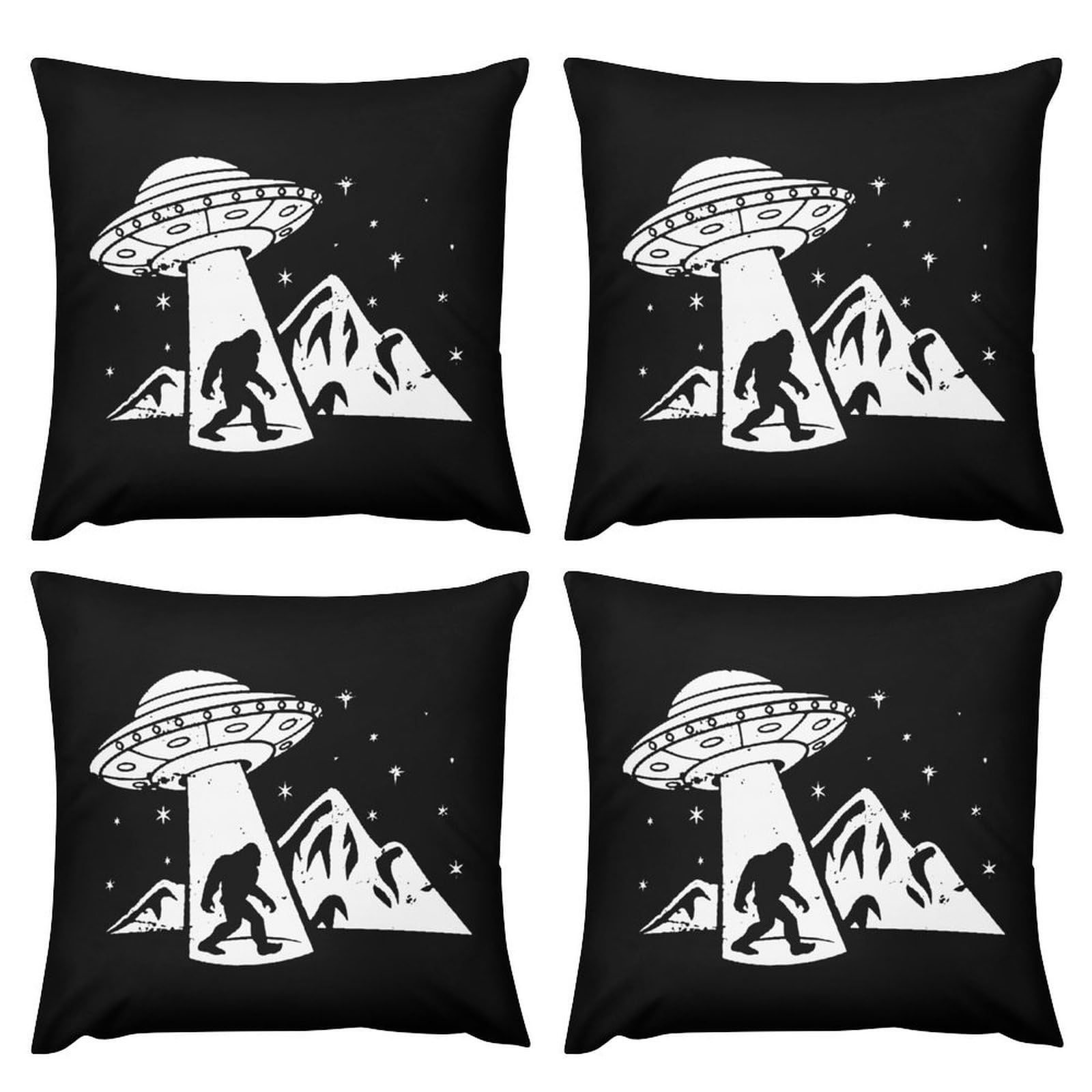 Bigfoot UFO Aliens Plush Pillow Covers - Soft & Smooth 20x20 Inch Cushion Cases for Sofa, Bed (Set of 4) - Perfect for Home Decor, Kids Room, and Sci-Fi Themed Parties