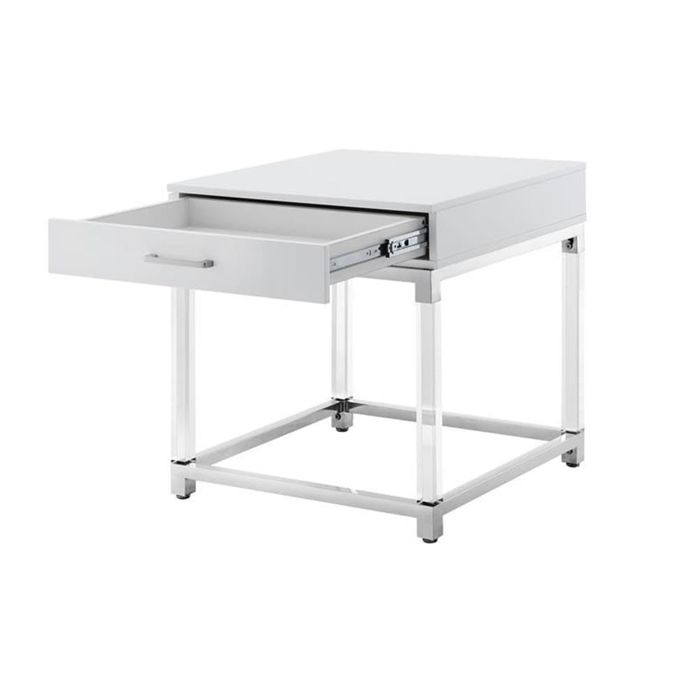 Briar 1-Drawer Metal Nightstand with Acrylic Legs - White Chrome Finish Bedside Table for Living Room, Bedroom & Office Use