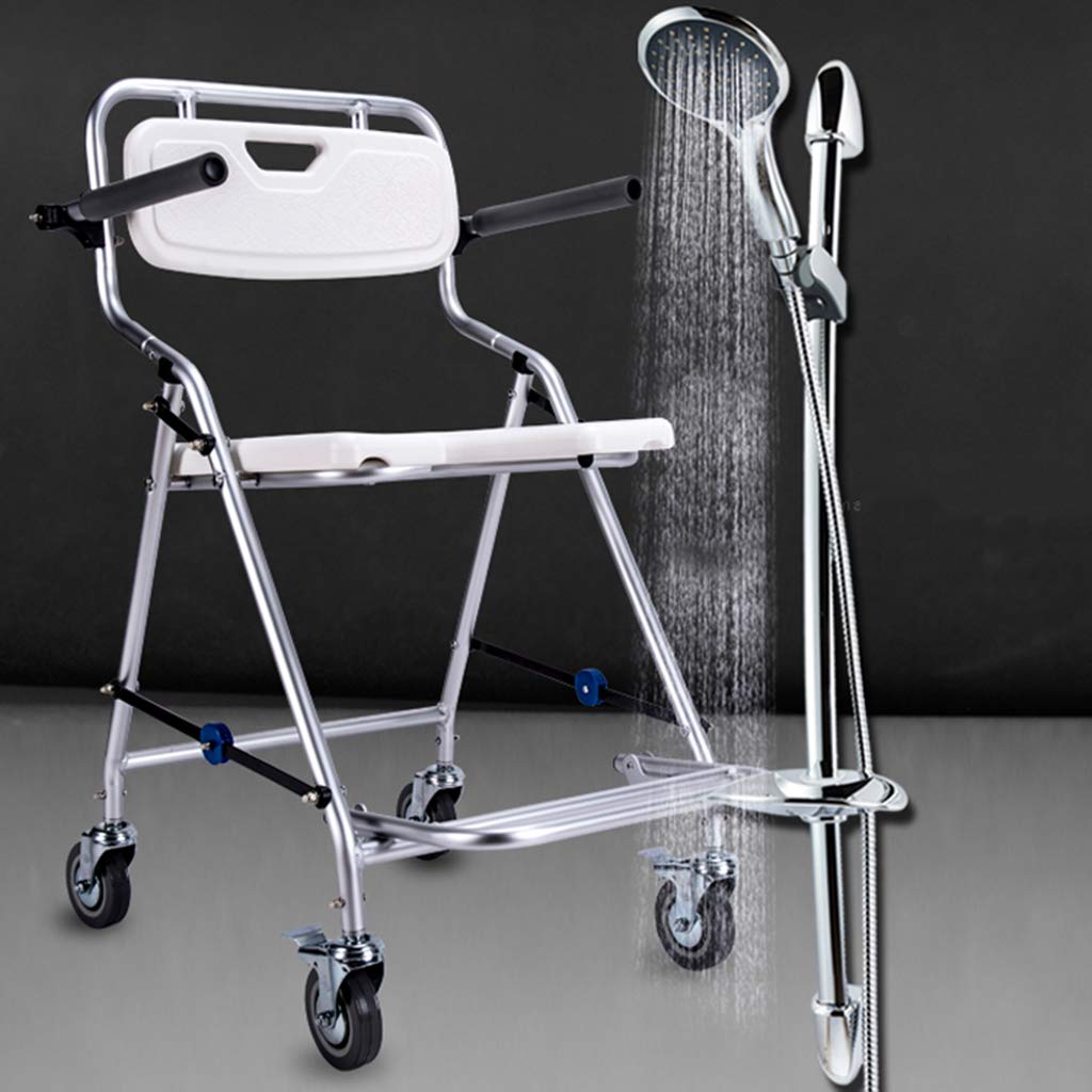 Portable Aluminum Commode Chair with Wheels - Adjustable Height Shower Toilet Chair for Elderly & Disabled Adults, Non-Slip Safety Frame Rails - Ideal for Bathroom, Bedside & Mobility Assistance