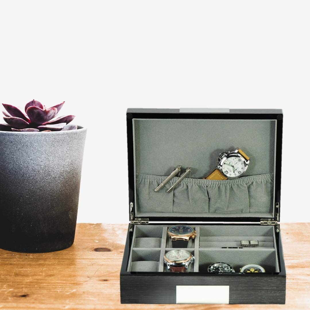 Personalized Grey Ginkgo Lacquered Wood Watch, Cufflink & Ring Storage Organizer - Men's Jewelry Box for Dresser, Travel & Gift Giving