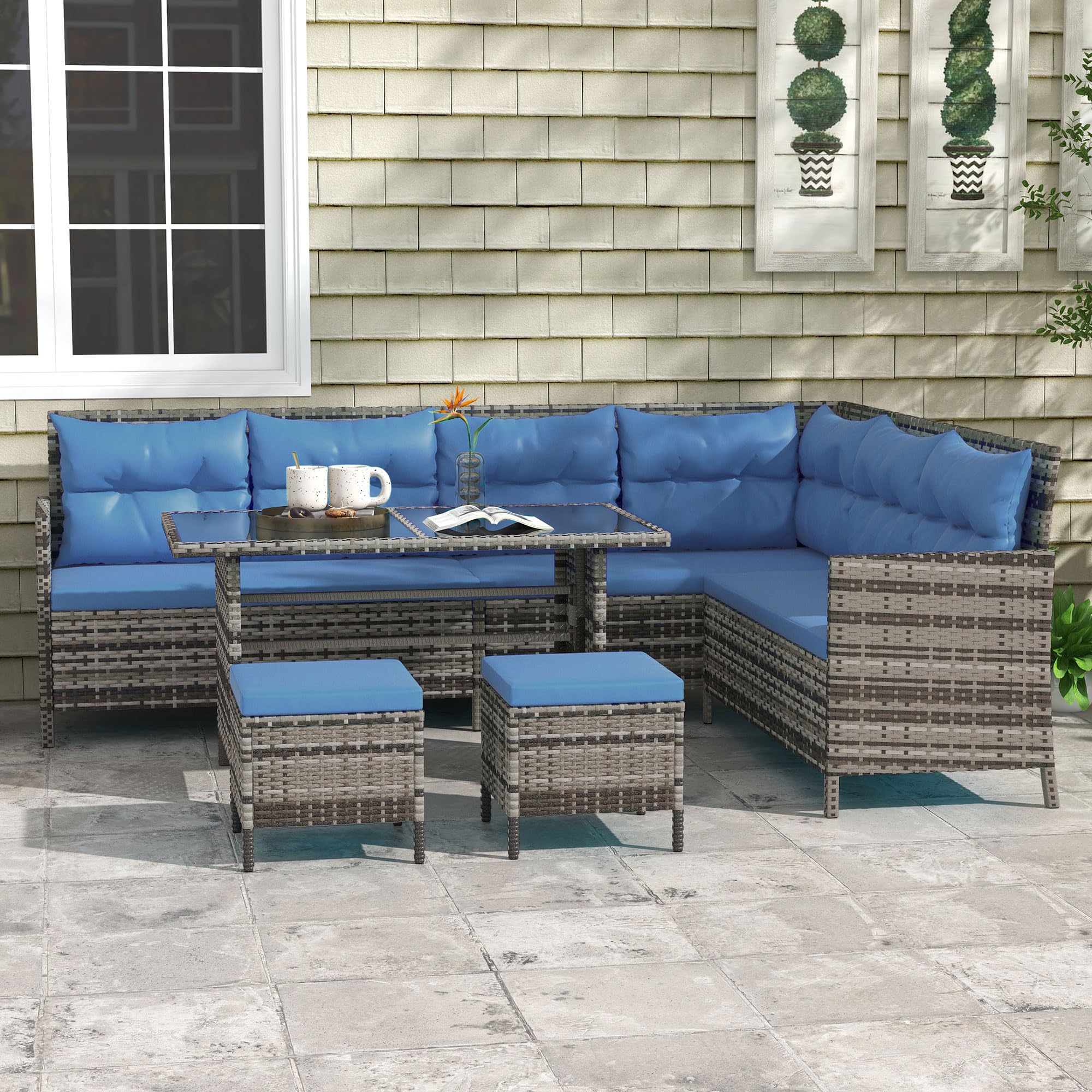Outsunny 6-Piece Patio Dining Set - Wicker Outdoor Furniture with Cushions, Dining Table & Ottomans - Blue Rattan Garden Sofa Set for Backyard, Poolside & Outdoor Relaxation