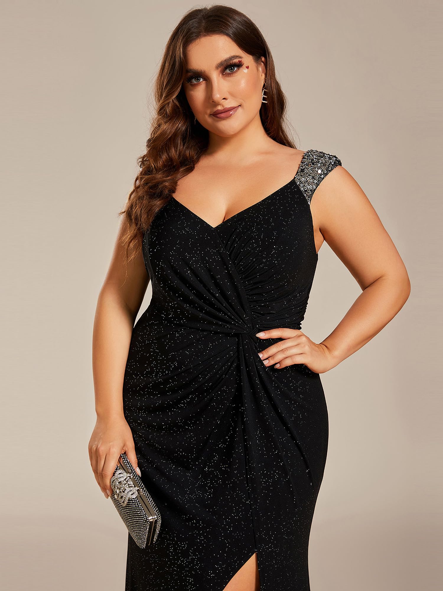 Ever-Pretty Plus Size V-Neck Glitter Bodycon Evening Dress with High Slit - Formal Ball Gown for Curvy Women (Style 01888-DA) | Perfect for Prom, Homecoming, Cocktail Parties & Special Occasions