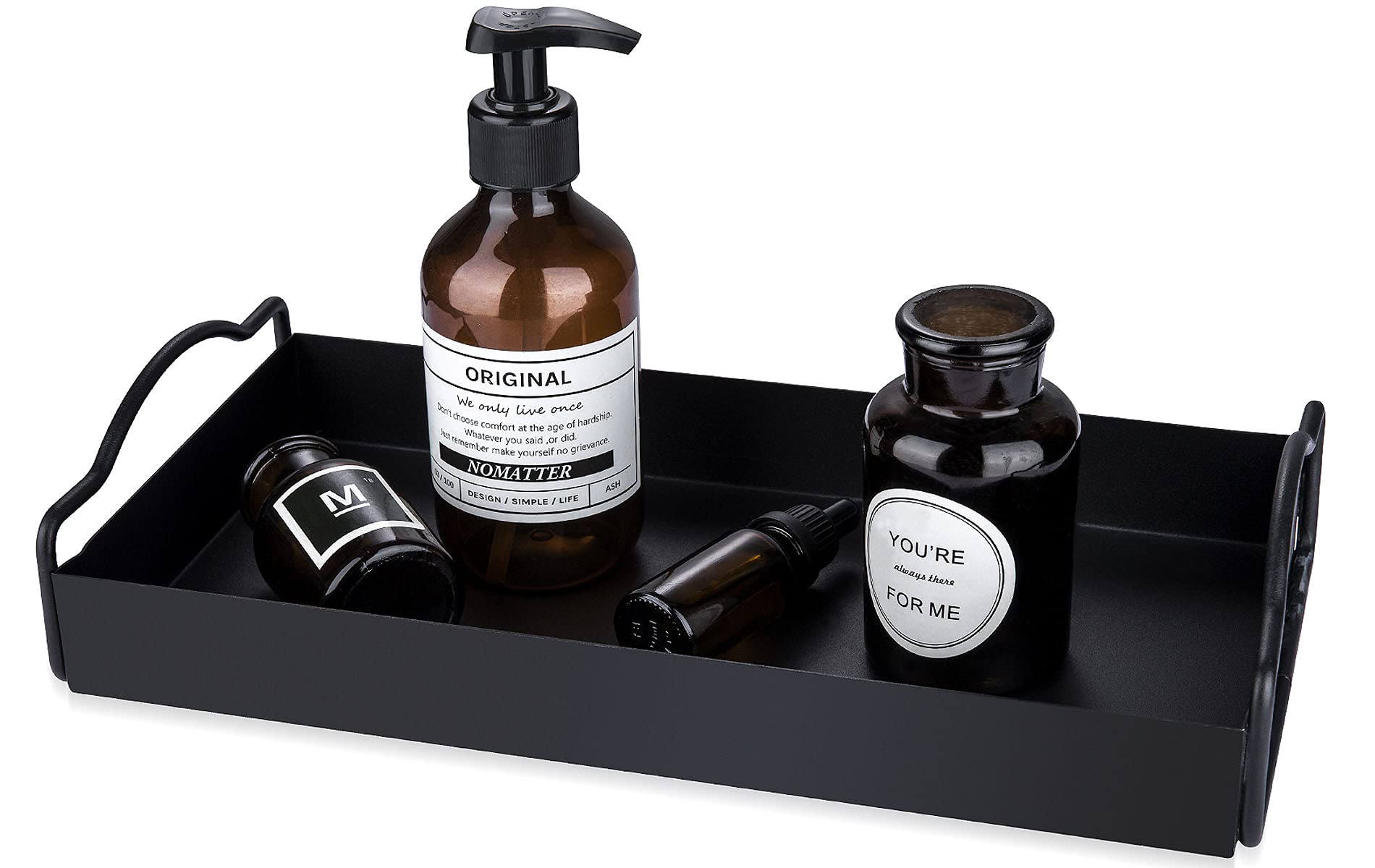 1-Layer Metal Vanity Tray - Bathroom Countertop Organizer with Handle for Tissues, Candles, Soap & Towels - Elegant Black Plate Holder for Home Decor & Vanity Organization - Perfect for Bathroom, Bedroom or Dresser Top Storage
