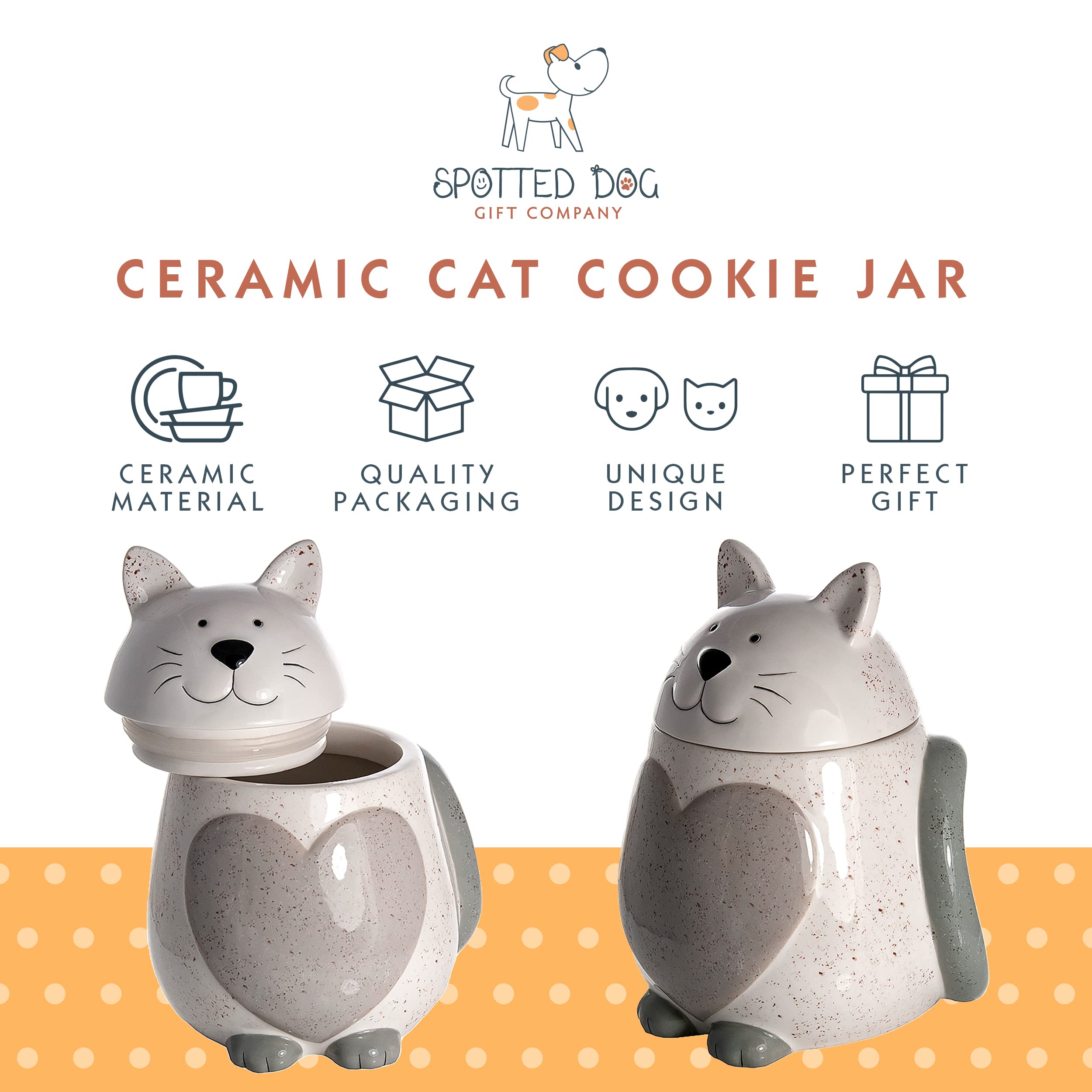 SPOTTED DOG Ceramic Cat Cookie Jar with Lid - 1.3L White Cat-Themed Biscuit Storage Container for Kitchen, Cute Novelty Food Canister - Perfect Gift for Cat Lovers & Ideal for Cookies, Treats, Coffee, Tea Storage
