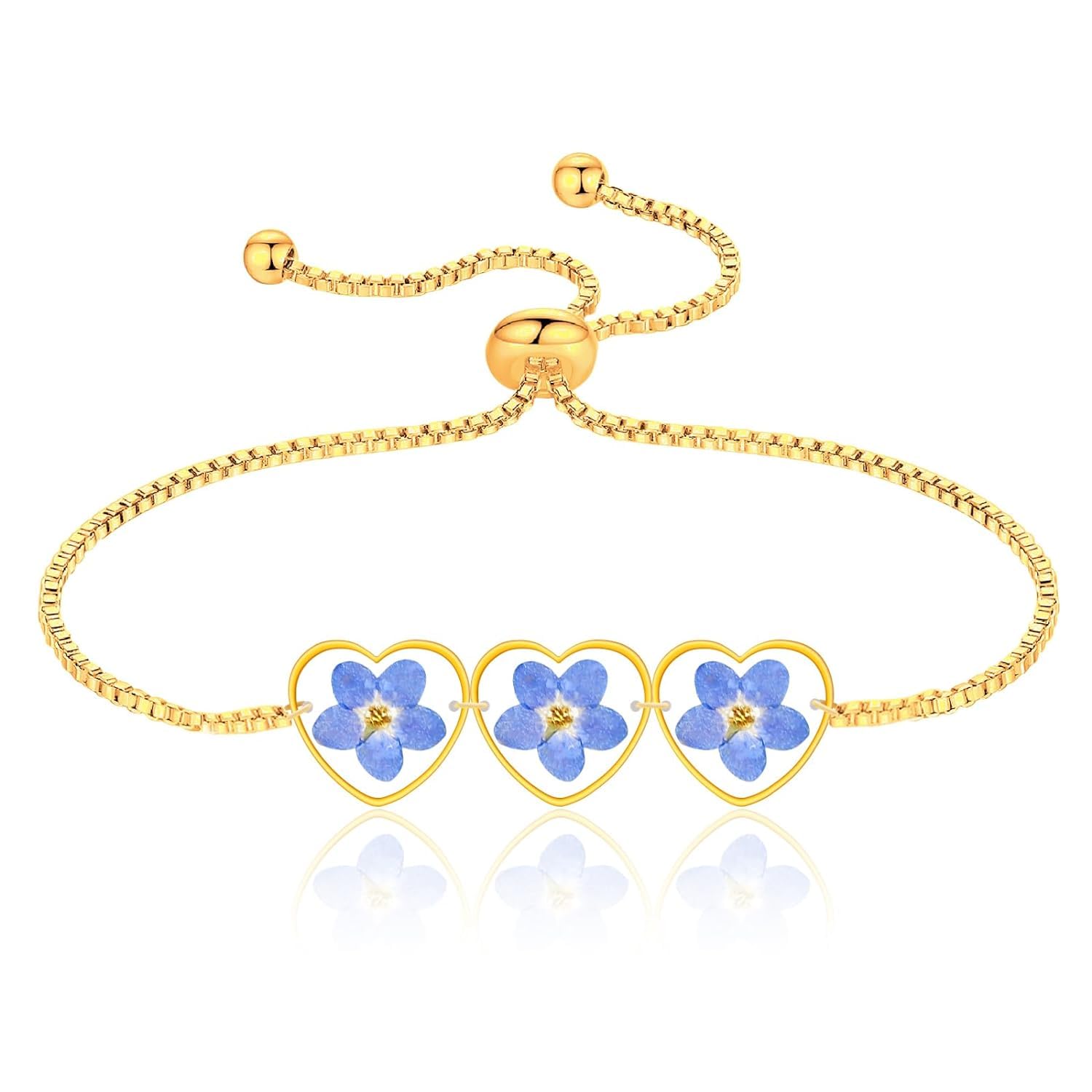 Pressed Flower Bracelet - Handmade Forget-Me-Not Wildflower Jewelry for Women, Personalized Gold Floral Bracelet with Heart Shape (Alaska State Flower) - Perfect Gift for Her, Birthday, Anniversary & Mother's Day Present