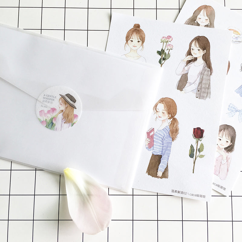 Gentle Whisper Girl Sticker Sheet A6 (Set of 4) - Cute Kawaii Decals for Planners, Journals, Scrapbooks & DIY Crafts