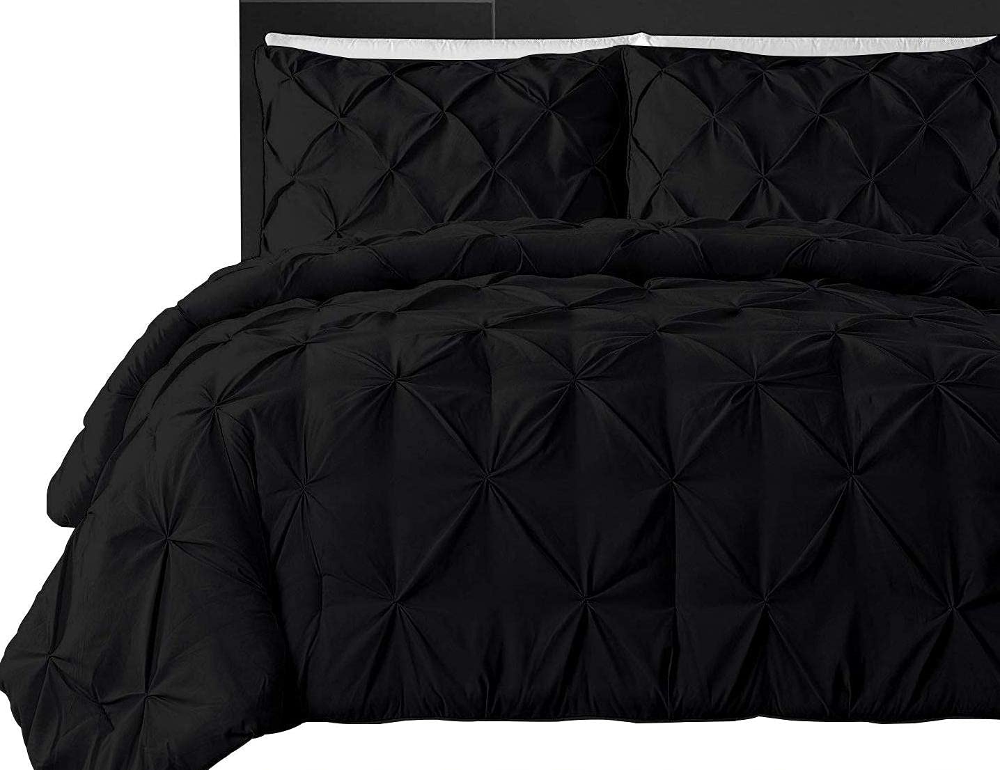 Twin Size Pinch Pleated 3-Piece Duvet Cover Set with Hidden Zipper - 600 Thread Count Combed Cotton Bedding - Solid Black Luxury Comforter Cover for Guest Room & Dorm Decor