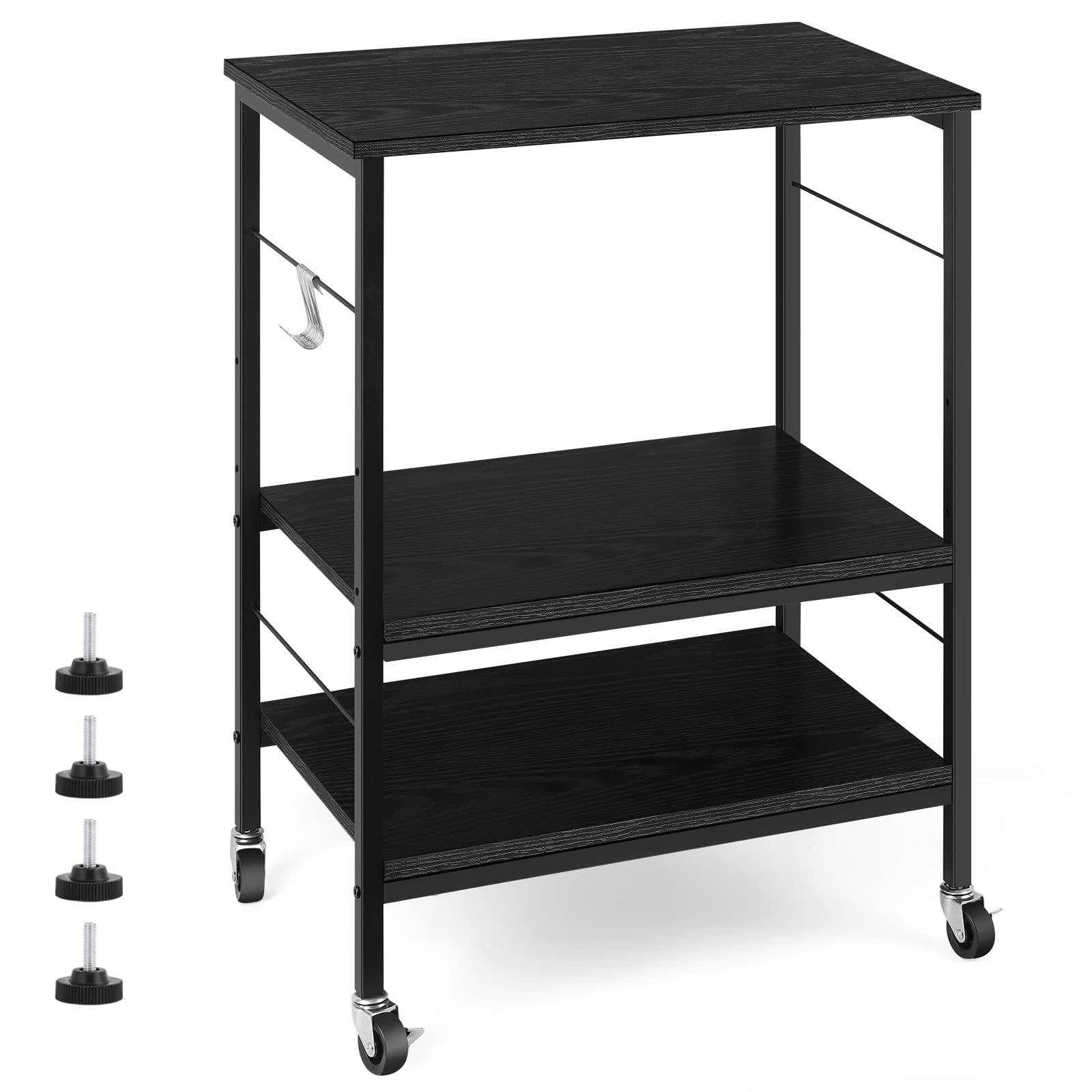 3-Tier Microwave Stand with Wheels & Storage - Black Kitchen Cart, Bakers Rack & Coffee Bar Organizer with 10 Hooks - Perfect for Small Spaces, Living Room, Bedroom & Kitchen Organization (Nightstand, End Table Alternative)