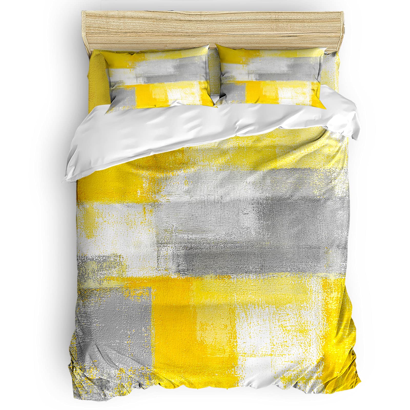 LEOKOTI 4-Piece Full Size Bedding Set - Yellow & Grey Oil Painting Design, Modern Abstract Geometric Quilt Cover with Pillow Sham & Sheet, Soft Breathable Microfiber Bedspread for All Seasons | Perfect for Guest Rooms, Master Bedrooms & Dorm Decor