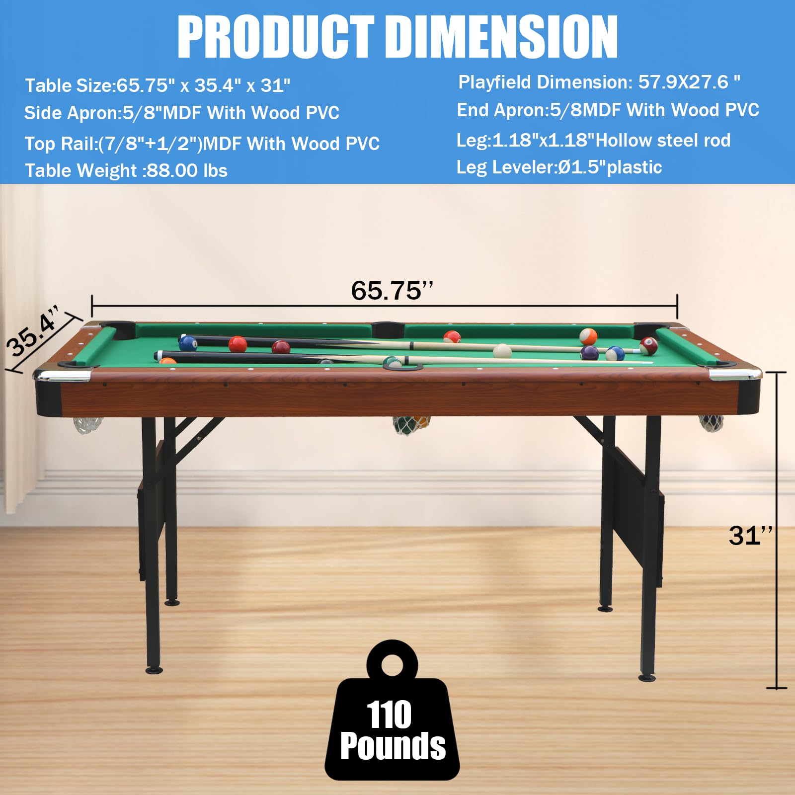 BOSTANA 5.5 ft Foldable Pool Table Set with Balls, Cues, Chalk & Brush - Portable Billiard Table for Home, Game Room, Kids & Adults - Perfect for Family Fun, Parties & Indoor Entertainment