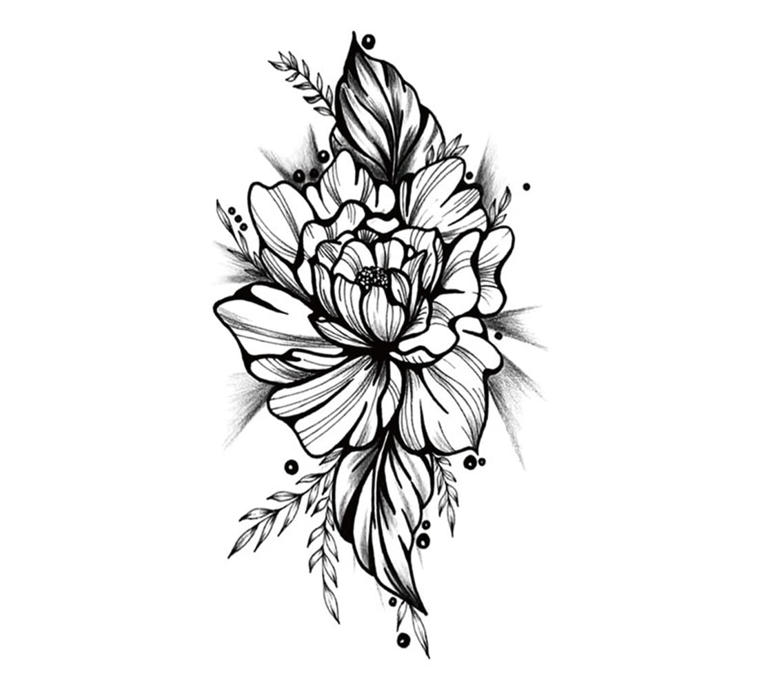 Beautiful Black Temporary Tattoo Stickers for Women - Large Flower with Leaves Design (21x10cm) | Fake Tattoos for Girls | Perfect for Parties, Festivals & Summer Style