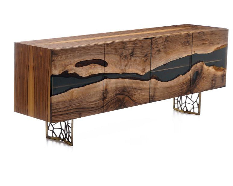 Voronoi Collection Wood & Resin Buffet Table - Modern Dining Room Sideboard with Geometric Design | Perfect for Dining Room Storage, Kitchen Buffet & Living Room Display
