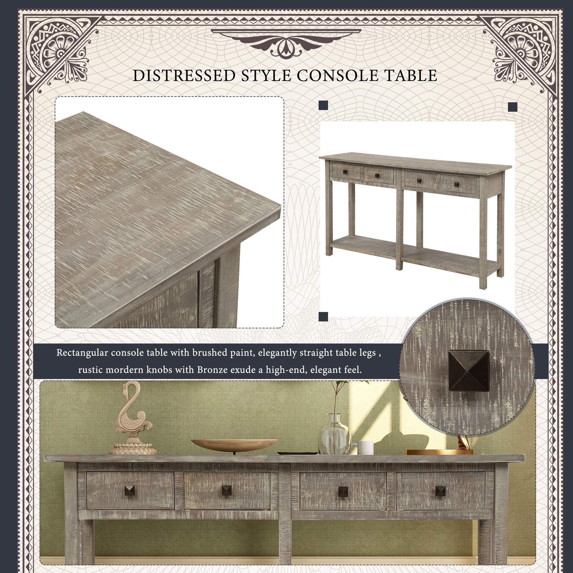 Grey Wash Entryway Console Table with 4 Drawers & Storage Shelf - Sofa Table for Living Room, Hallway & Foyer - Perfect for Home Decor, Entry Organization & Small Space Storage