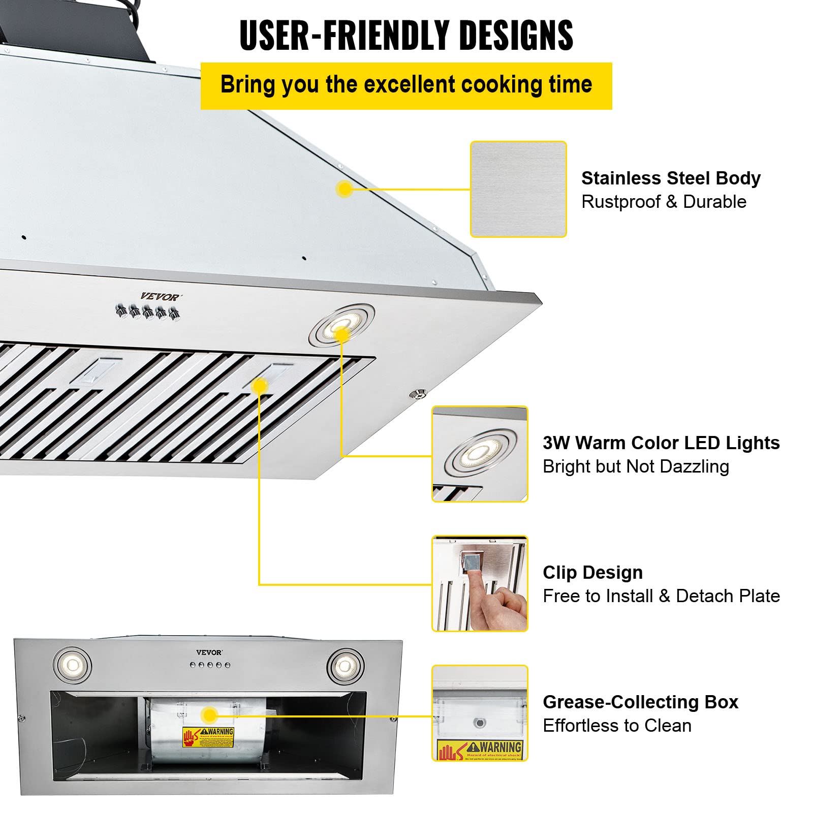 VEVOR 36 Inch 800CFM 3-Speed Stainless Steel Insert Range Hood with LED Lights & Baffle Filters - Ducted/Ductless Convertible Kitchen Ventilation for Home & Restaurant Use - ETL Certified