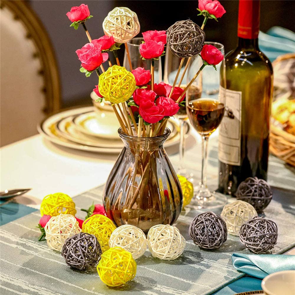 9 Pcs 3 Inch Wicker Balls Decorations - Natural Rattan Balls for Home Decor, DIY Vase Filler, Wedding Table Centerpiece, Baby Nursery & Party Decoration (White, Yellow, Grey) | Perfect for Boho, Farmhouse & Rustic Style Decorating
