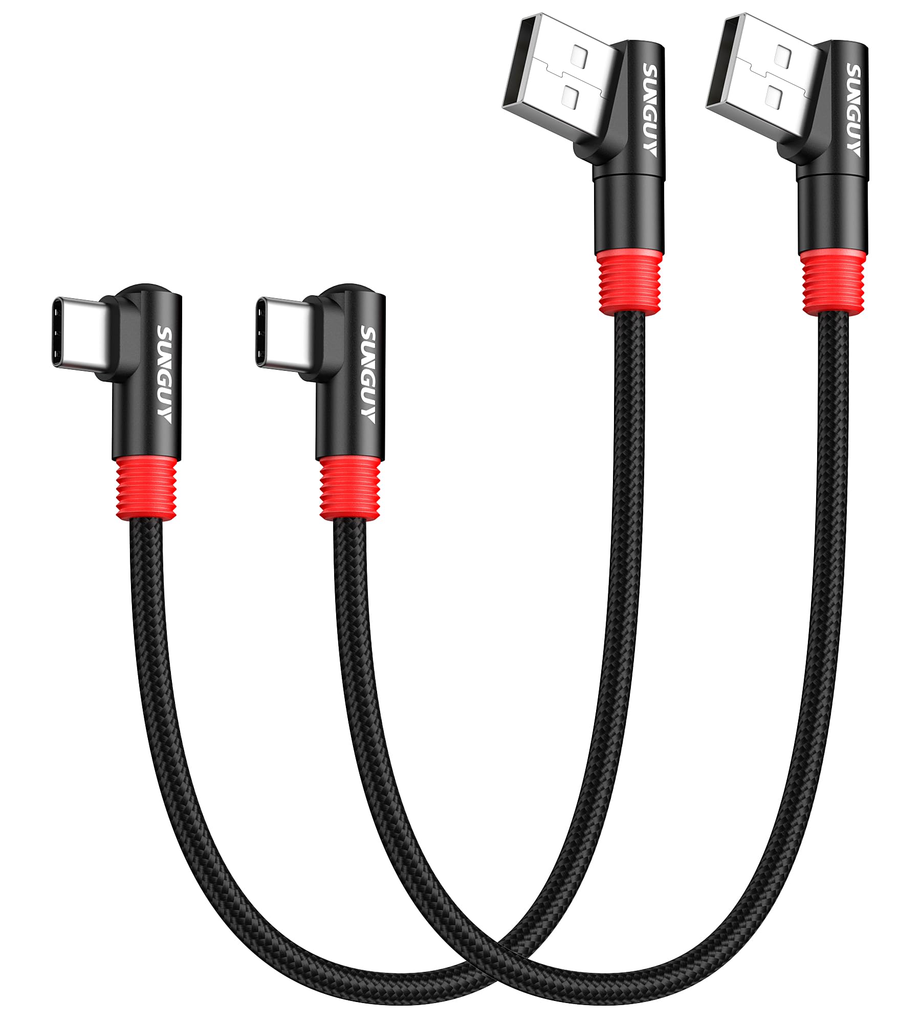 SUNGUY 2Pack Right Angle USB C Cable [1FT/0.3m] 18W Fast Charging & Data Sync 90 Degree USB 2.0 Type-C Cable - Nylon Braided for Samsung Galaxy S21/S20/S10/S9, Google Pixel 6/5/4, iPad Mini 6 - Perfect for Tight Spaces & Car Charging