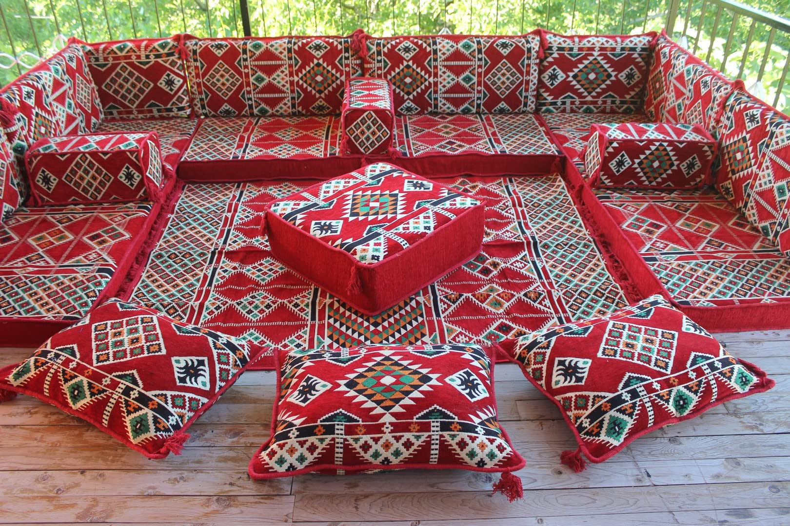 U-Shaped Floor Sofa Set - Red Modular Sectional Cushions for Living Room, Bedroom & Outdoor Patio Furniture | Oriental Decor Bench Sofa with Comfortable Floor Seating