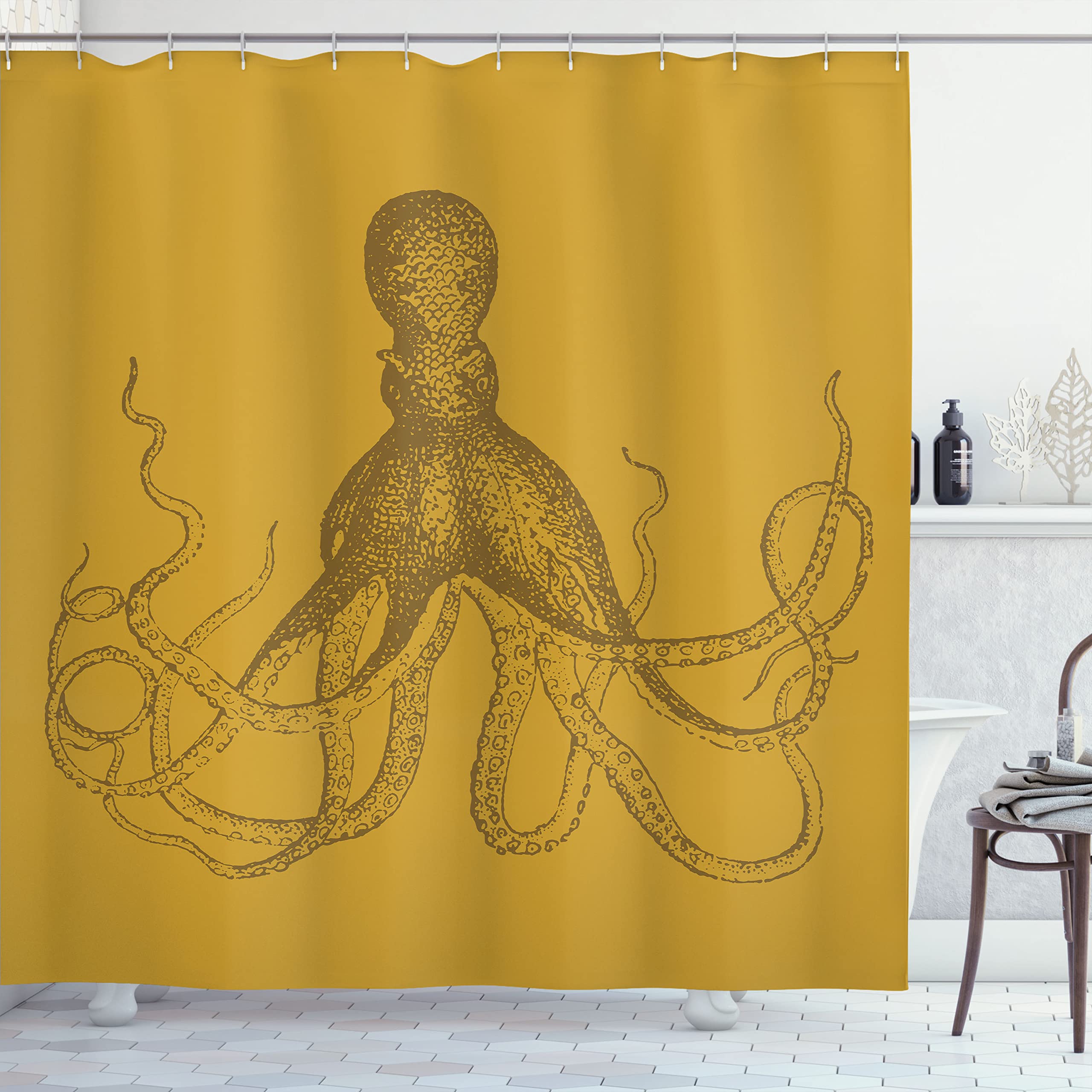 Ambesonne Octopus Shower Curtain - Monochrome Marine Animal Tentacles Underwater Sketch Art, 69x70 Inch Fabric Bathroom Decor with Hooks - Perfect for Coastal, Nautical or Ocean-Themed Bathrooms