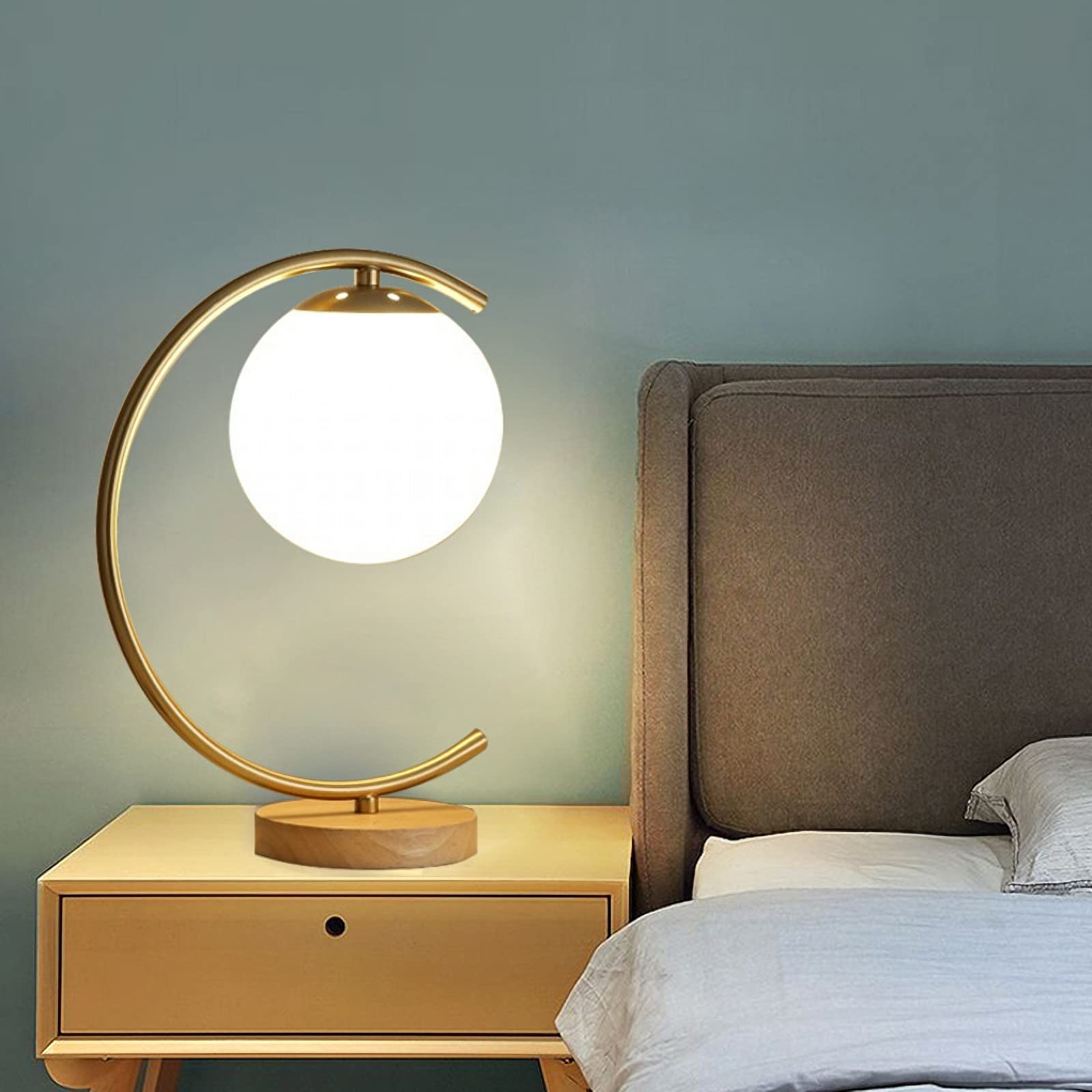 Modern Gold Glass Goble Bedside Table Lamp - Brass Nightstand Lamp with Round Frosted Glass Shade & Metal Base - Perfect for Reading, Office, Bedroom and Living Room Decor