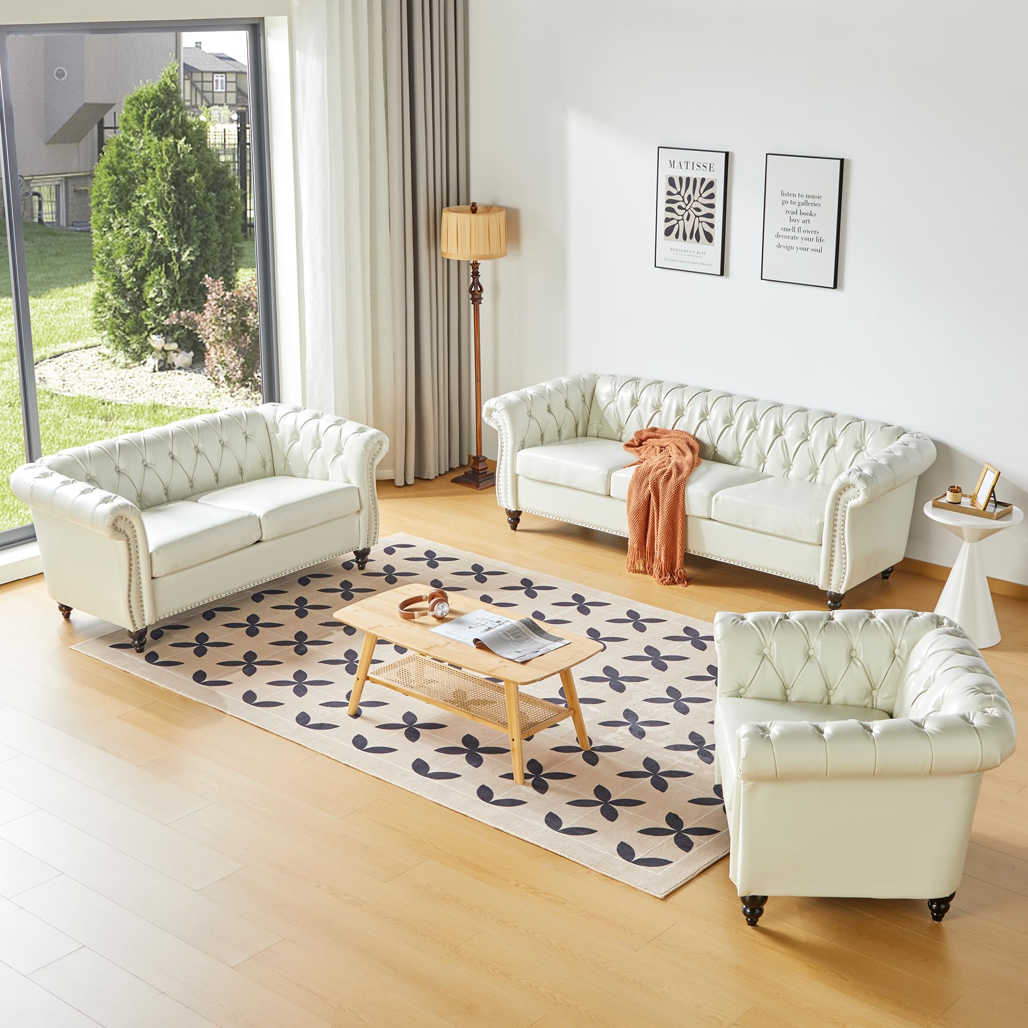 3-Piece Chesterfield Faux Leather Living Room Set - Sofa, Loveseat & Chair with Scroll Arms & Nailhead Trim - Elegant White Furniture for Home, Office & Lounge (Perfect for Small Spaces & Modern Decor)
