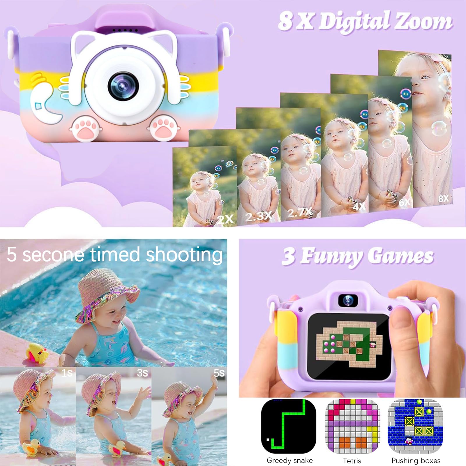 **Kids Digital Camera with 2.0 Inch IPS Screen, 20MP/1080P Dual Lens, 32GB SD Card & Reader - Perfect for Children's Photography, Travel & Birthday Gifts (Purple)**