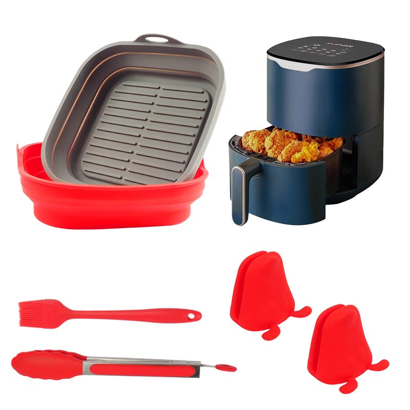 2-Pack Air Fryer Silicone Liners - 7.5 Inch Square Reusable Non-Stick Basket for 3-5 QT Air Fryers | Food Grade Replacement for Parchment Paper | Perfect for Cooking Chicken Wings, French Fries & Vegetables | 6PCs Air Fryer Accessories Set