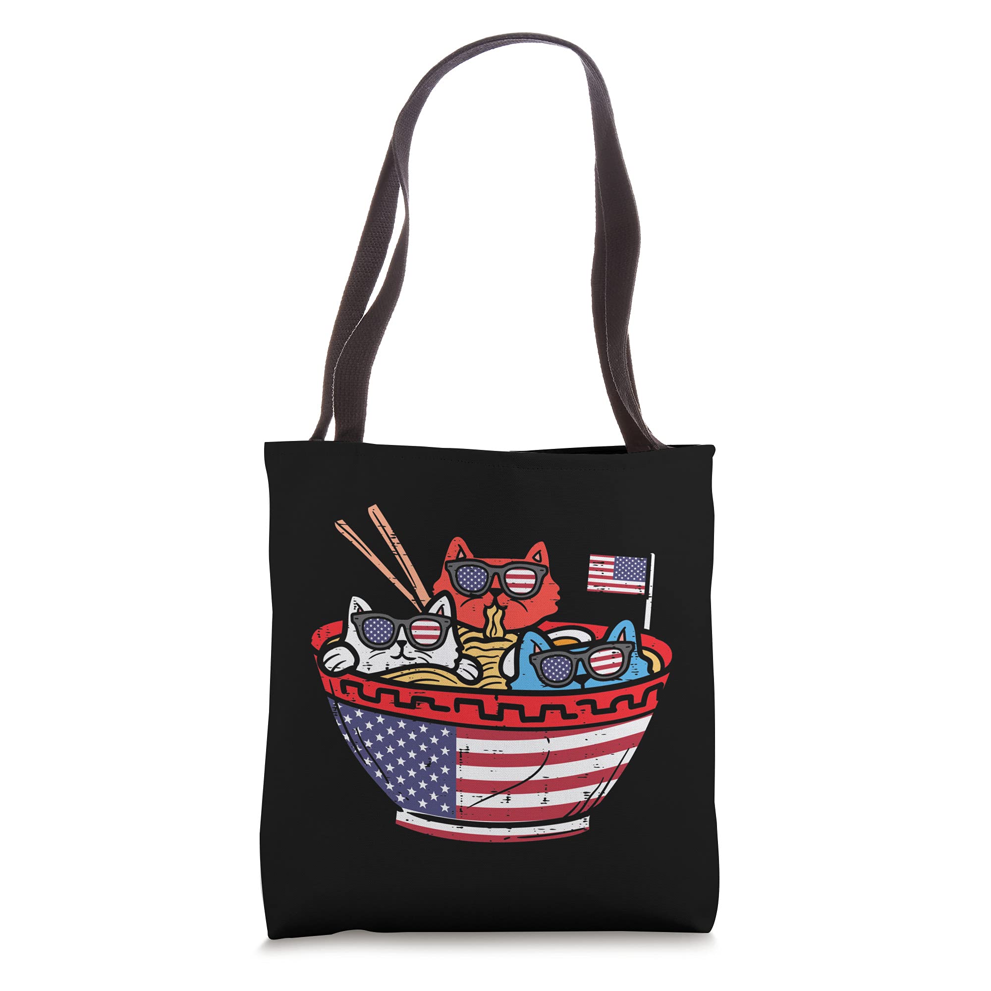 Funny Anime Cat Eating Ramen with USA Flag Print Tote Bag - Perfect for 4th of July, Cosplay, and Anime Conventions