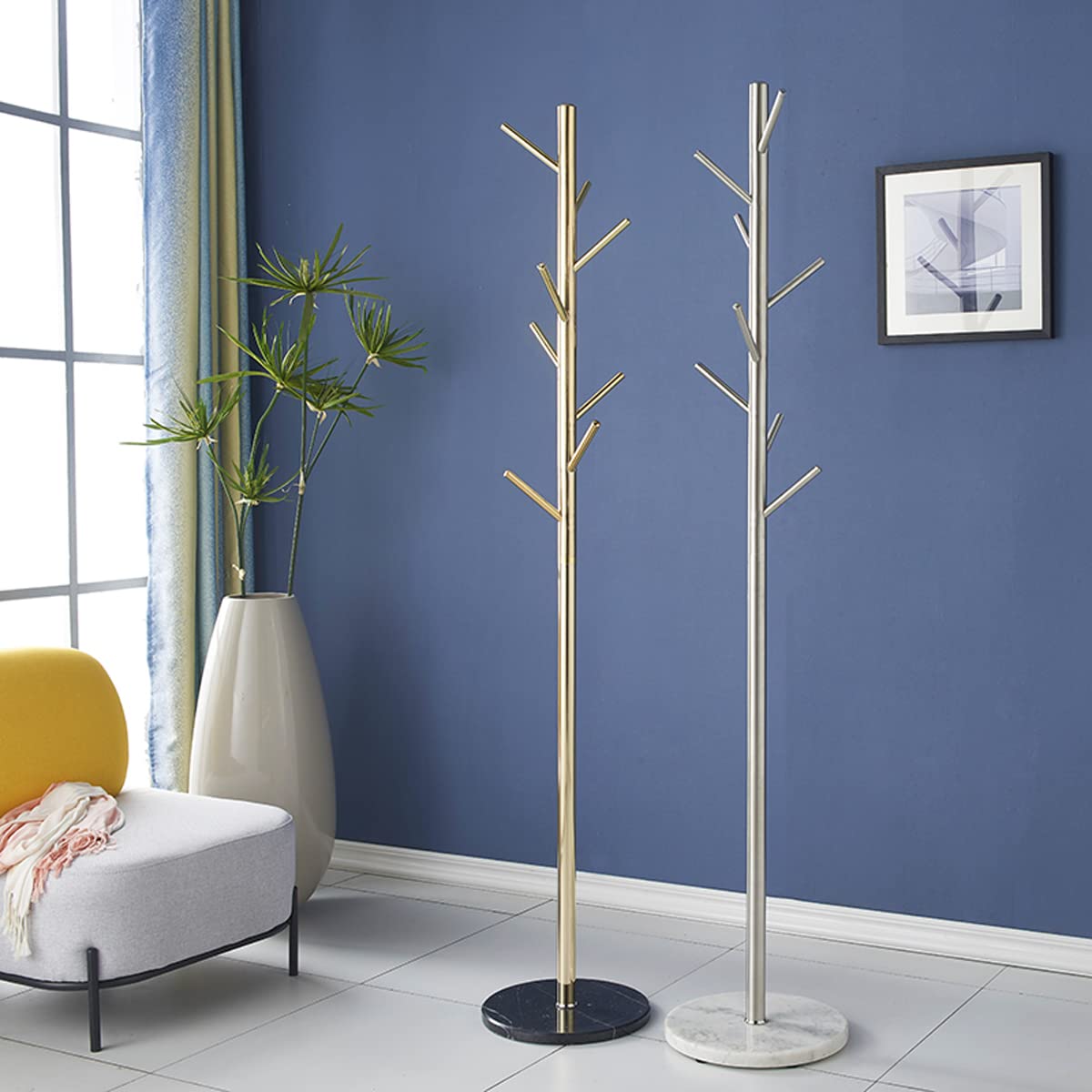 Jolitac Premium Metal Coat Rack Stand - Satin Steel Finish with Marble Base, Sturdy Free-Standing Hat & Coat Hanger with Multiple Hooks for Bedroom, Entryway, or Closet - Easy Assembly & Space-Saving Design (Satin Steel)