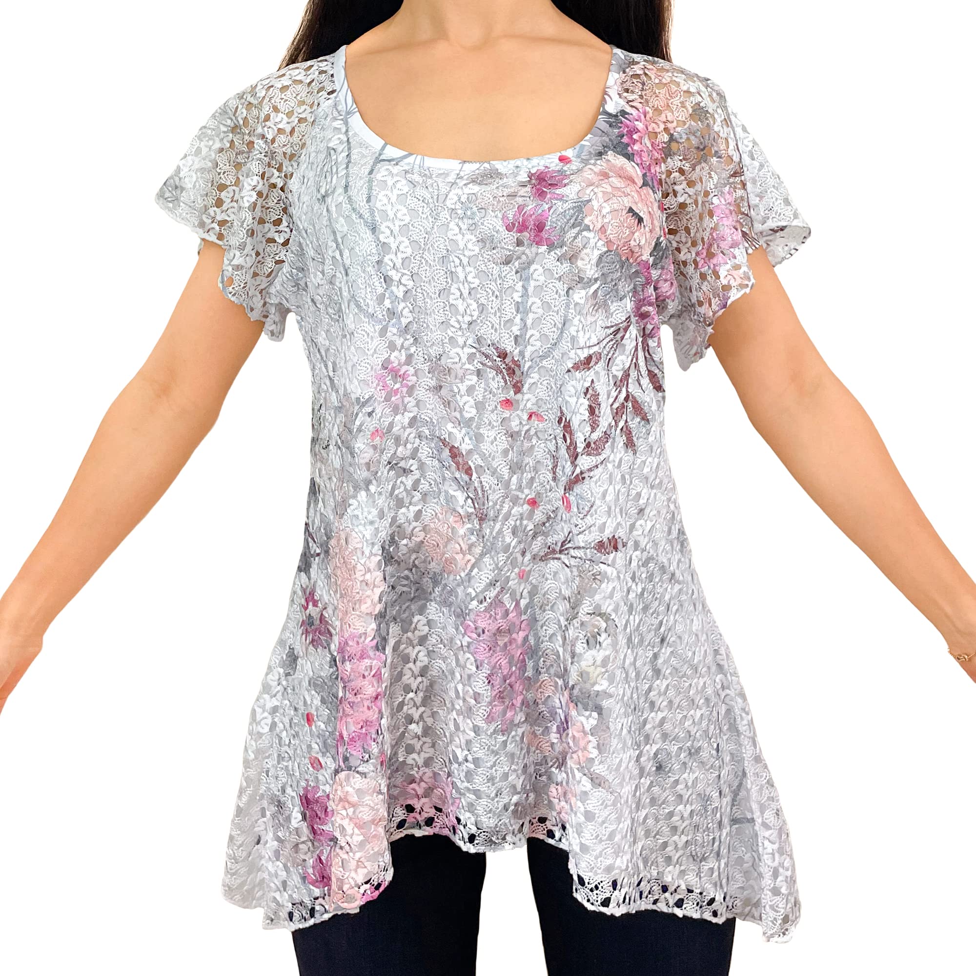 Black Lace Floral Tunic Blouse for Women - Party & Office Wear