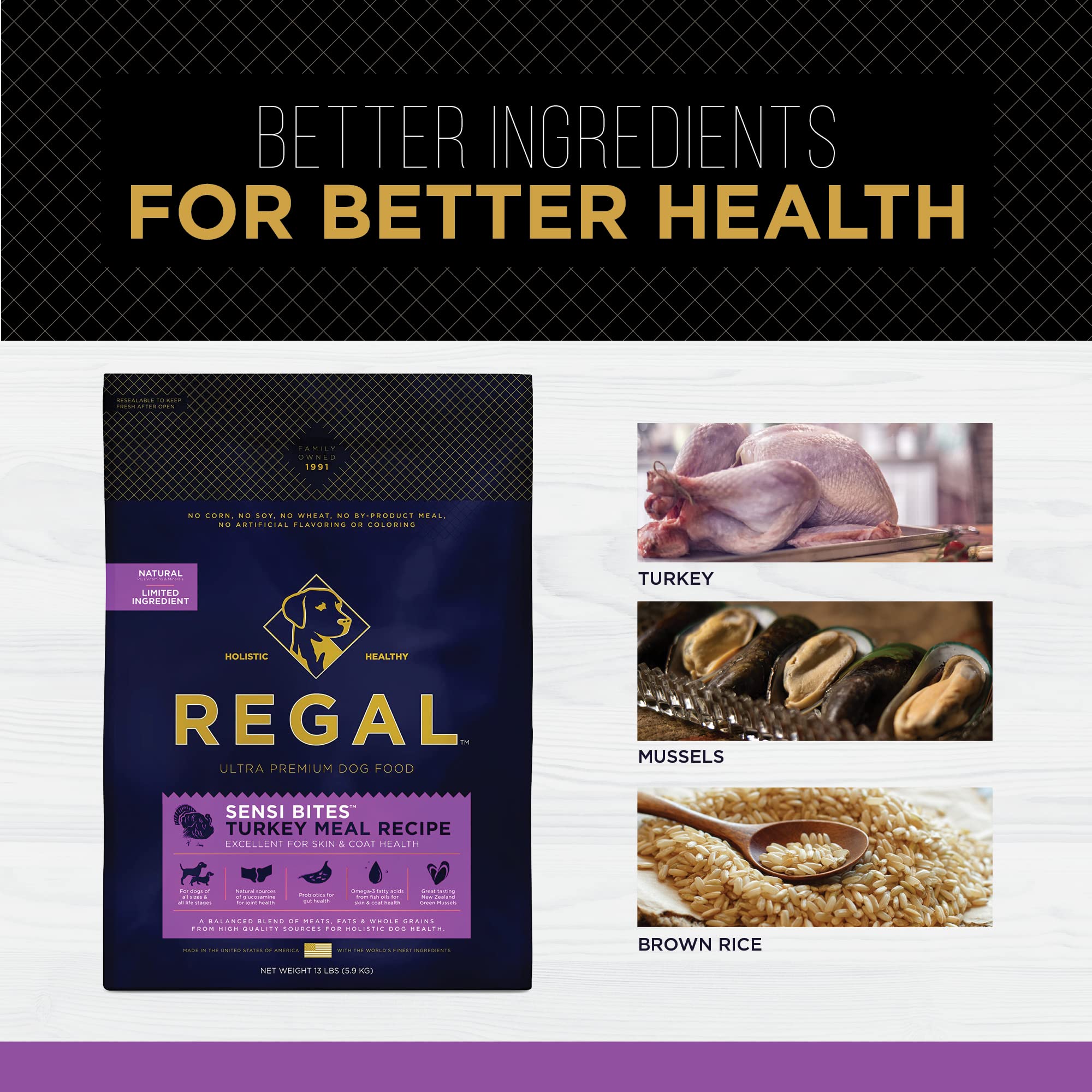 Regal Pet Foods Adult Sensi Bites Turkey Meal Recipe - All Natural, Limited Ingredient Dry Dog Food for All Breeds & Sizes - Made in USA, 26 LB Bag - Perfect for Sensitive Stomachs & Daily Nutrition