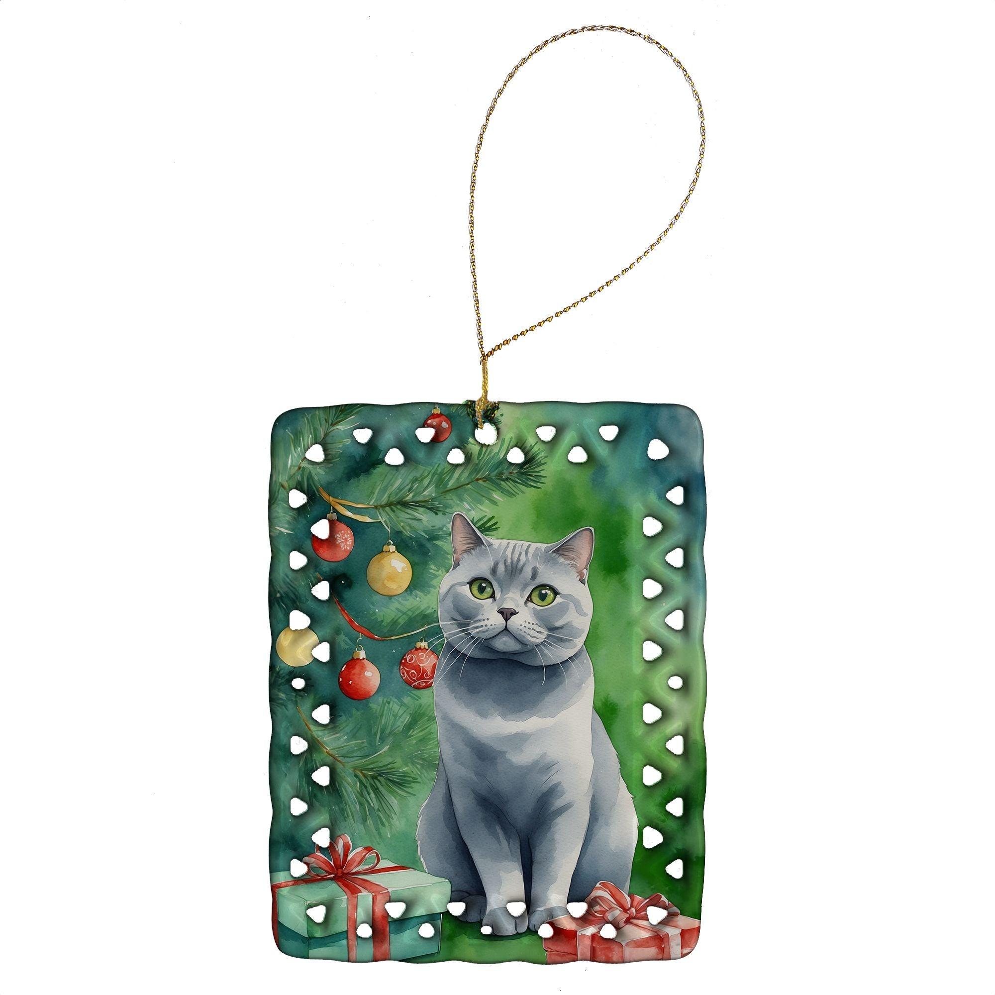 British Shorthair Cat Christmas Porcelain Ornament - Rectangle Multicolor Holiday Tree Hanging Decor for Home, Gift for Cat Lovers | Perfect for Christmas Tree Decorating, Holiday Home Accents & Festive Gift Giving