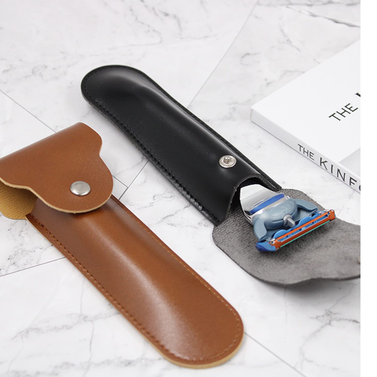 Premium Leather Razor Travel Case for Straight & Shavette Razors - Protective Safety Cover with Shaving Pouch Holder (Brown/Black) | Ideal for Barber Professionals & Travel Shaving Kits