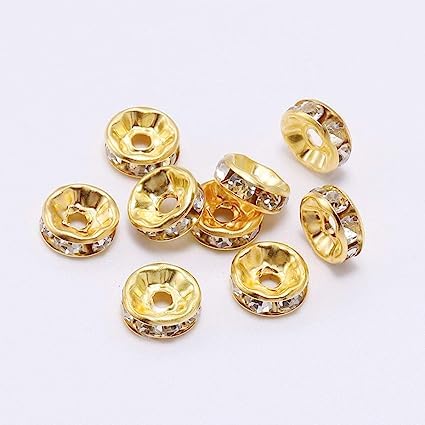 8mm 150pcs Golden Wheel Spacer Beads with Embedded Stone - Round Chakri Jewelry Beads for Bracelets, Necklaces, Friendship Bands, Rakhi & Wedding Mala Making - DIY Craft, Gift Giving & Boho Fashion Accessories