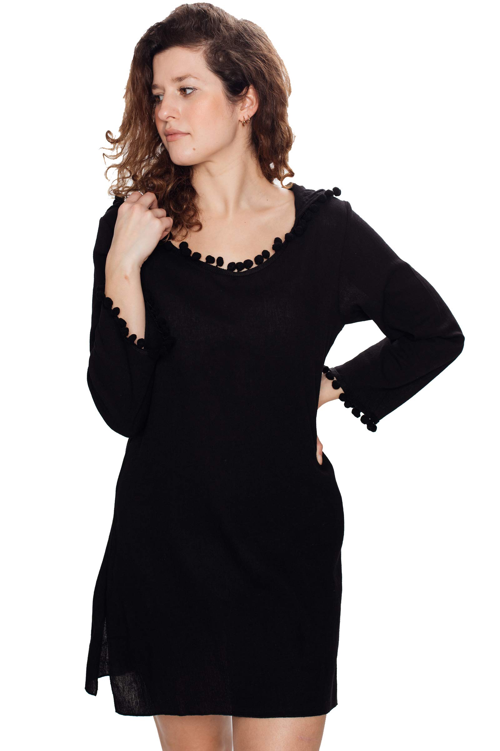 J & Ce Women's Long Sleeve Hooded Cotton Beach Cover-Up - Lightweight Swimwear Cover Dress for Summer Vacation, Pool Party & Beach Outing (Black, Large)