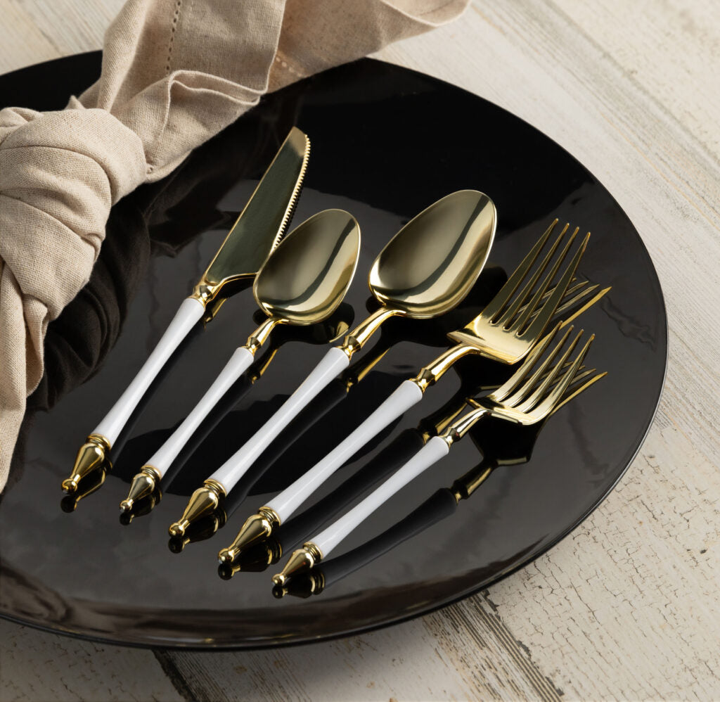 Majestic Collection 20-Piece Gold and White Plastic Flatware Set - Elegant Disposable Cutlery for Parties, Picnics, and Events