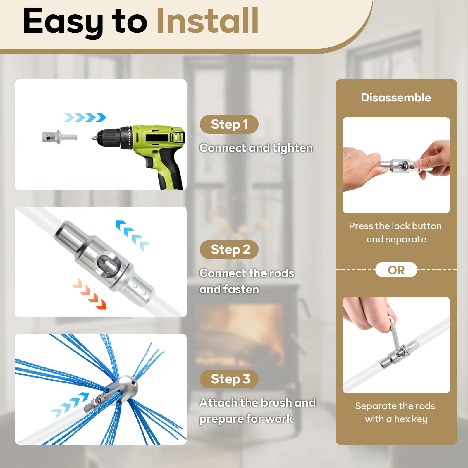 Bluesea 27ft Chimney Cleaning Kit - Aluminum Brush & 8 Rods for Fireplace Flue Maintenance