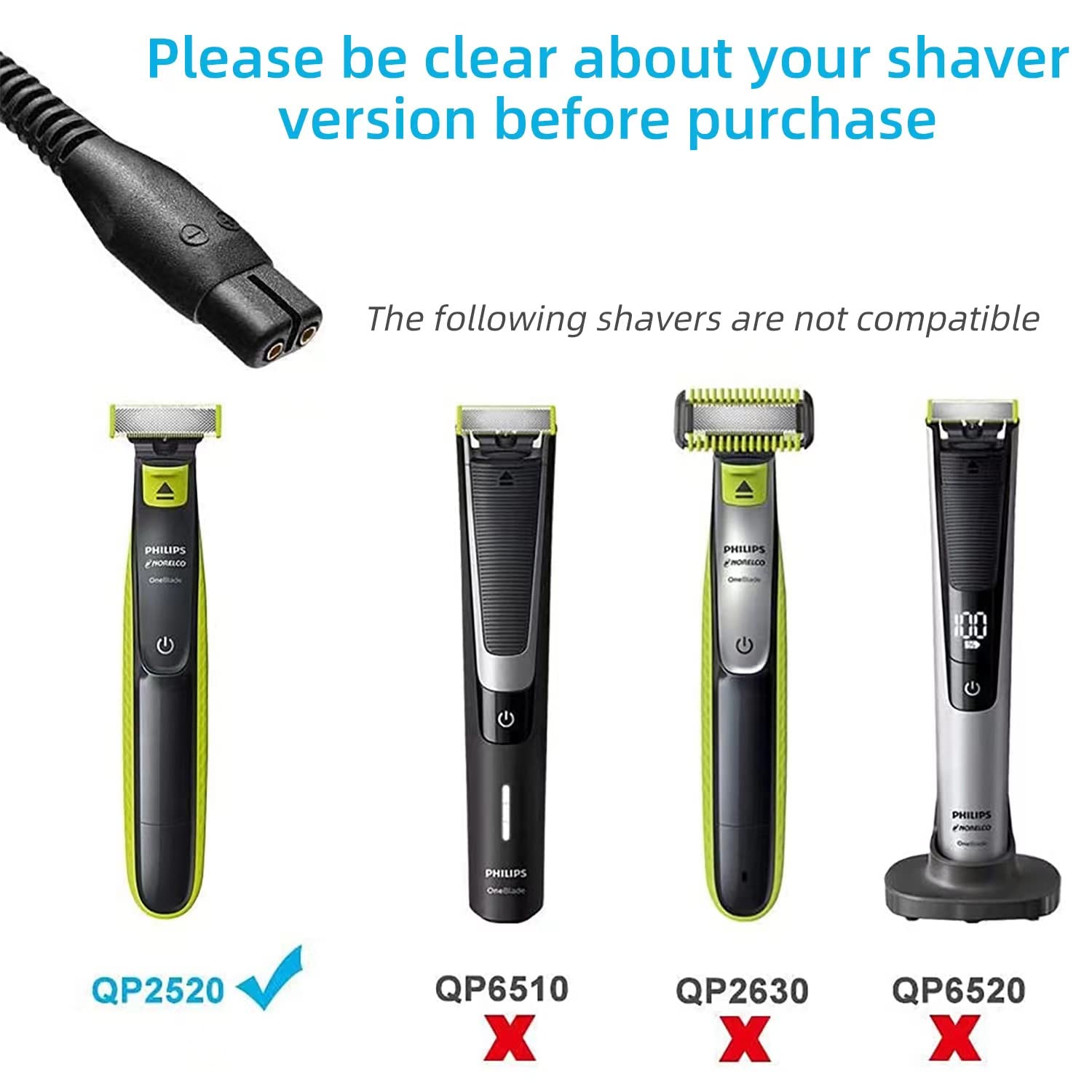 Original Philips Norelco OneBlade QP2520 Series 4.3V Replacement Charger & A00390 Power Cord - Compatible with OneBlade Trimmer for Precise Beard & Body Grooming at Home or Travel