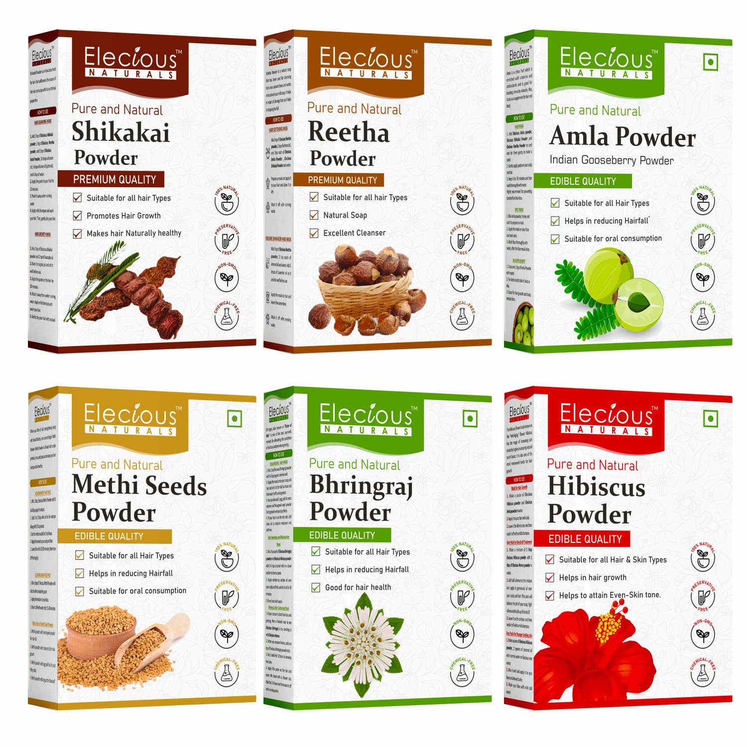 Elecious Naturals Complete Hair Care Combo Kit - 6 Ayurvedic Powders (Amla, Reetha, Shikakai, Methi, Bhringraj, Hibiscus) | 100% Natural & Chemical-Free | Strengthens Hair, Reduces Hair Fall, Promotes Growth | For Shiny, Silky & Healthy Hair | Perfect for Daily Hair Care & Scalp Treatment